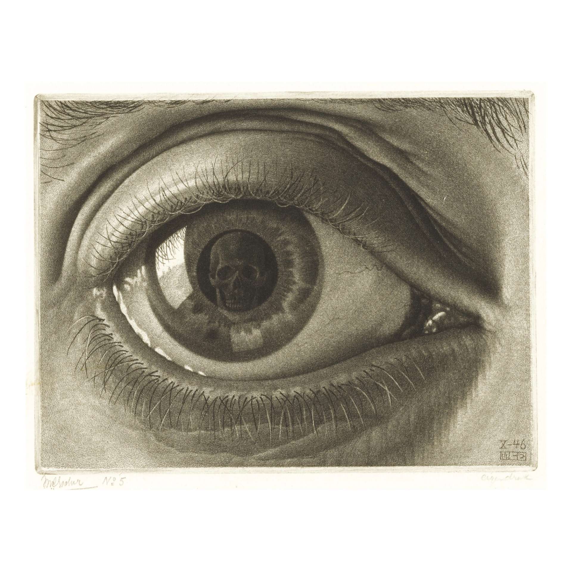 Eye by M.C. Escher. The print features a photorealistic, close-up eye. In the pupil is reflected a skull.
