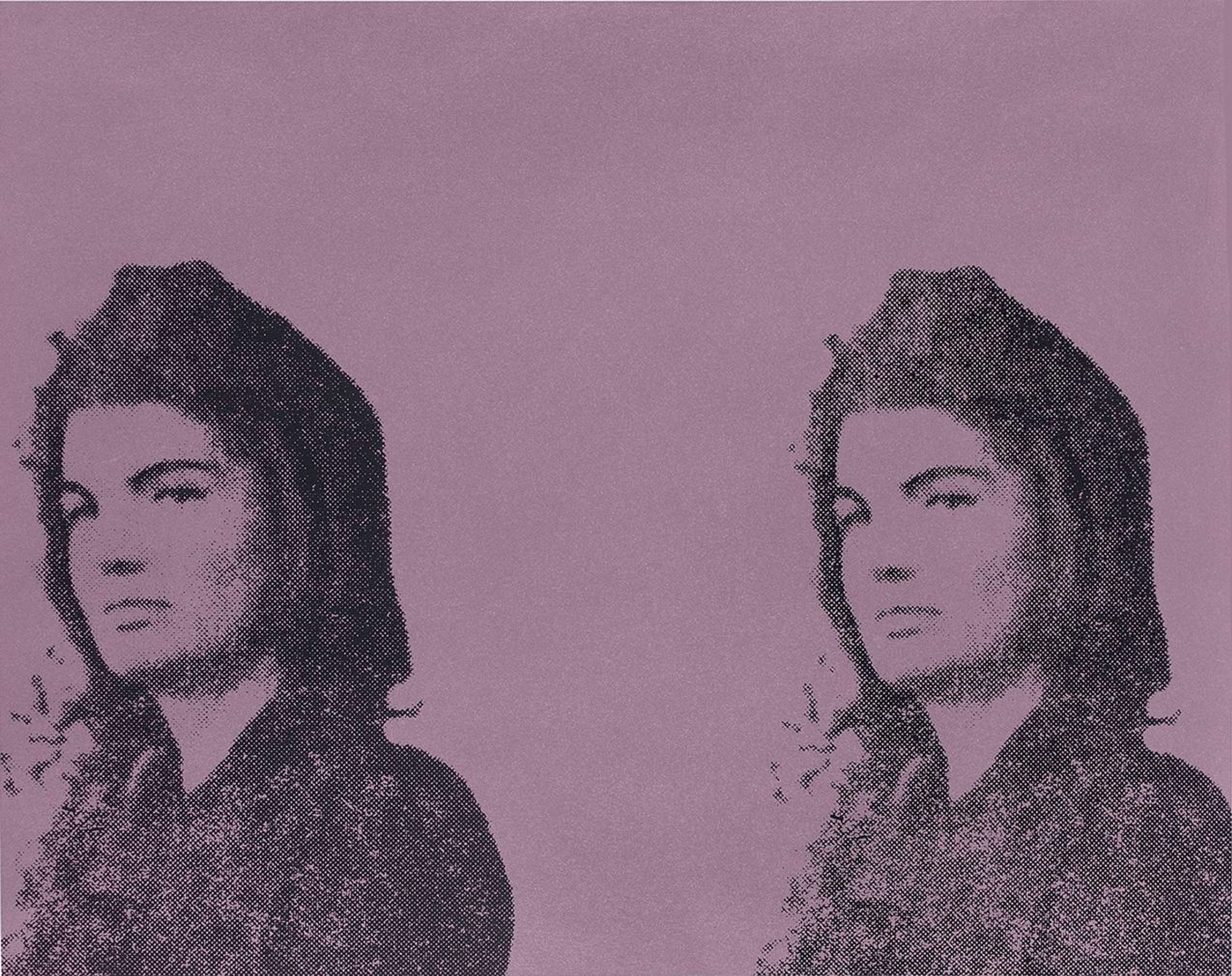 The image shows a doubled press photograph of Jacqueline Kennedy after the assassination of her husband, President John F. Kennedy. Left largely untouched by the artist, the image is rendered in black and purple, maintaining a grainy quality, like that of the original newspaper image.