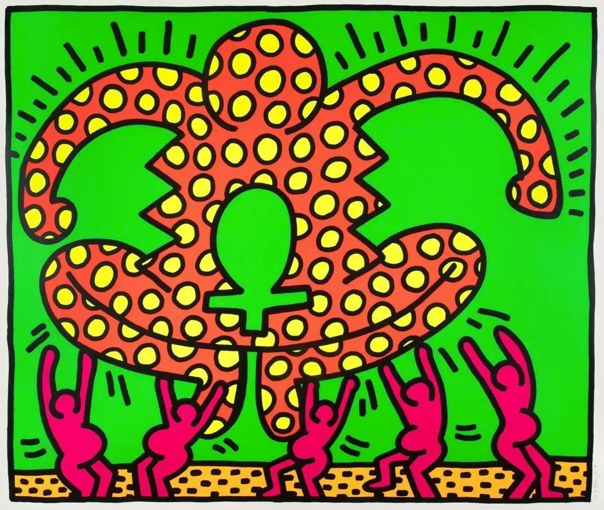 Keith Haring’s Fertility 5. A Pop Art screenprint of a red figure with yellow polka dots with pink pregnant figures lifting her up. 