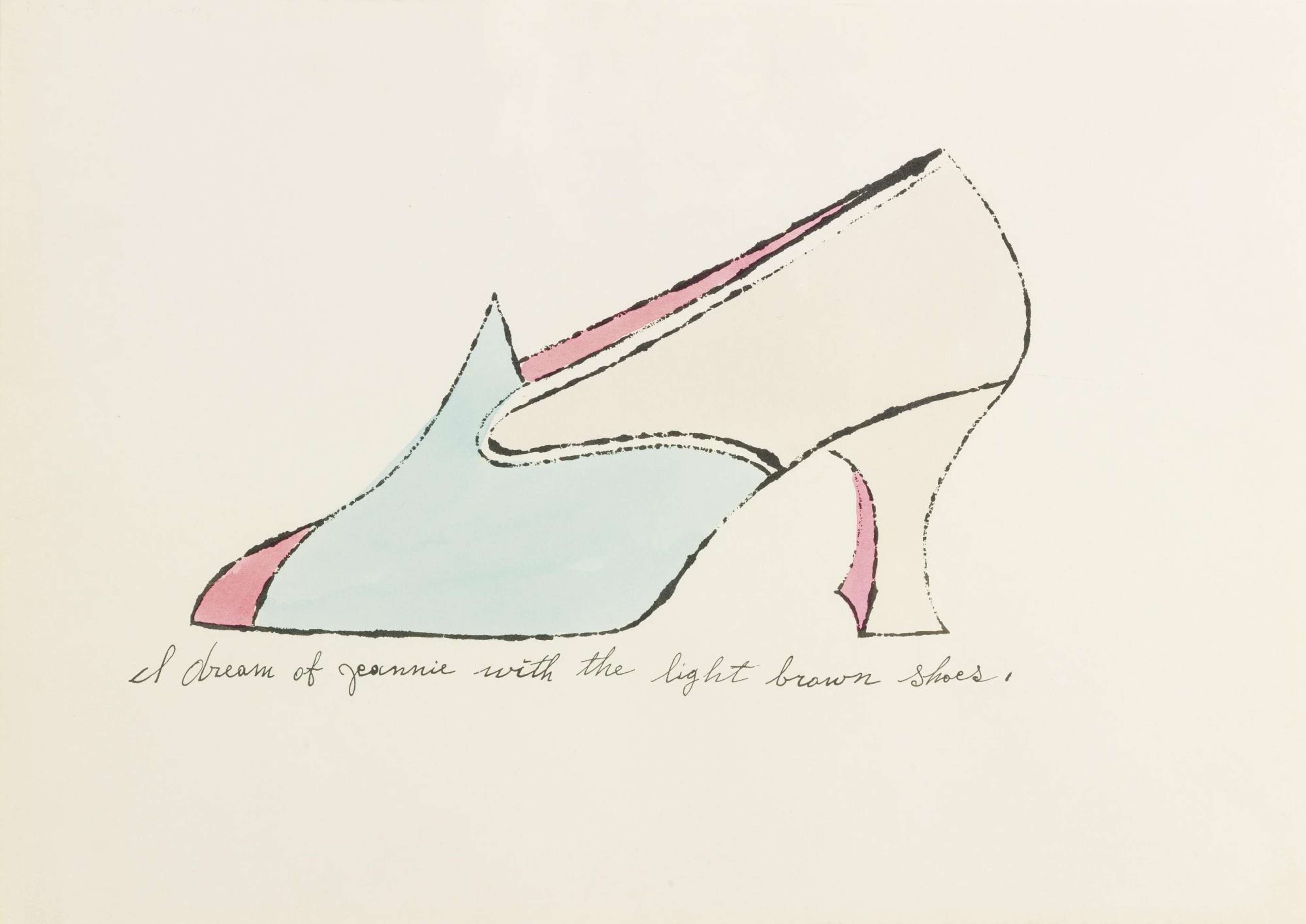 A print by Andy Warhol, showing a tri-coloured high heeled shoe against a cream background. Underneath, in cursive neat calligraphy, is the caption "A Dream Of Jeannie With The Light Brown Shoes".