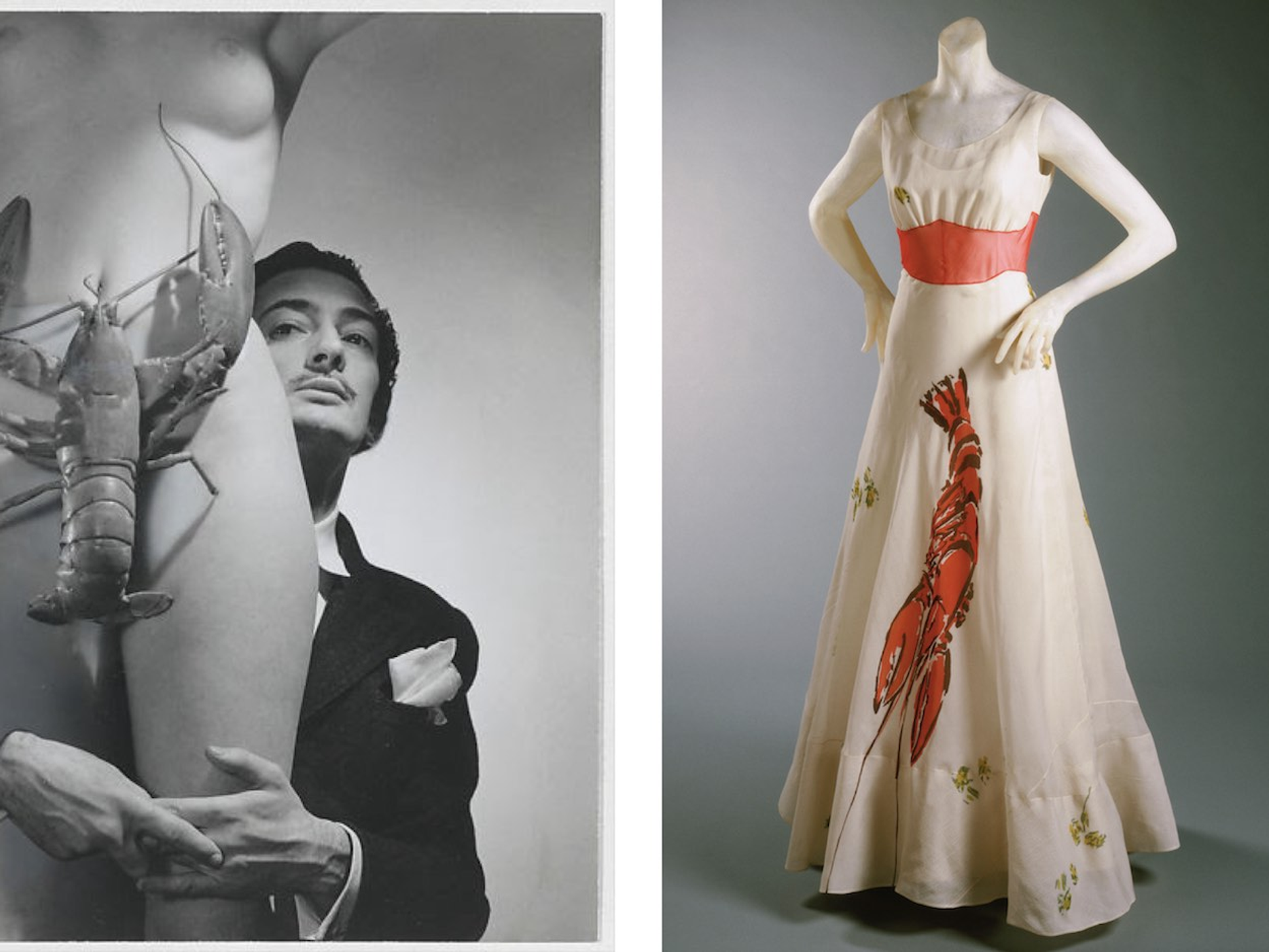 Two photographs: the left is a black and white photograph of artist Salvador Dali holding the legs of a nude mannequin with a lobster covering the genital area, and the right photograph is of a mannequin wearing a silk gown with a red lobster printed in the centre