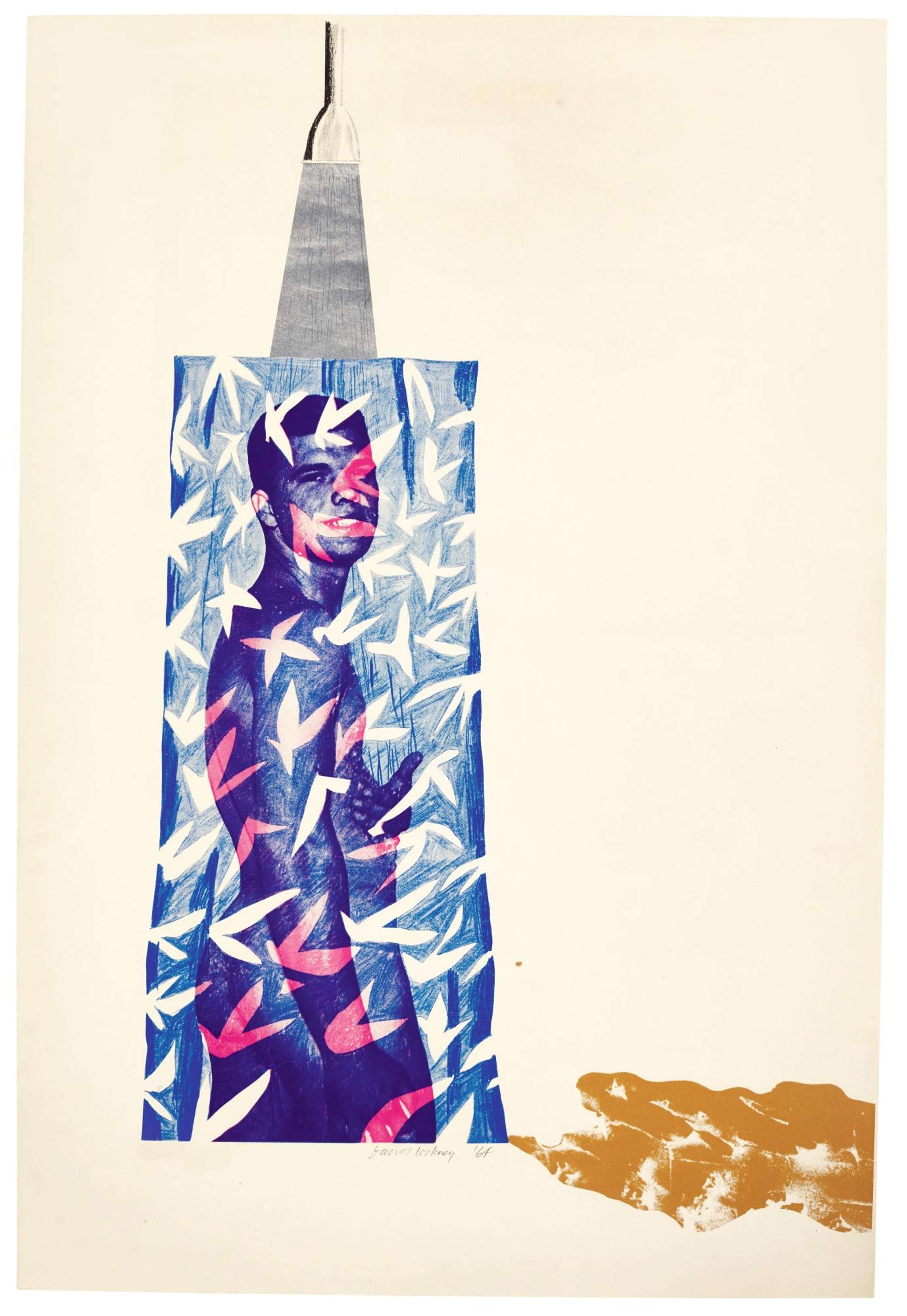 David Hockney’s Cleanliness Is Next To Godliness. A screenprint of a male standing in the shower, turning sideways.