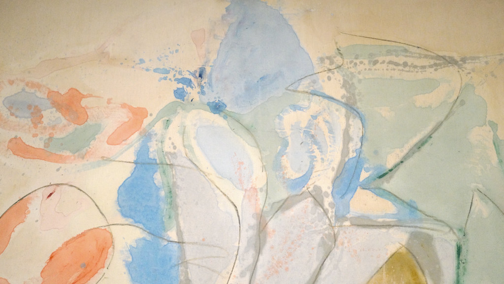 A detailed close up of Helen Frankenthaler’s Mountains and Sea. An abstract expressionist painting including blue, orange, pink, and yellow hues.