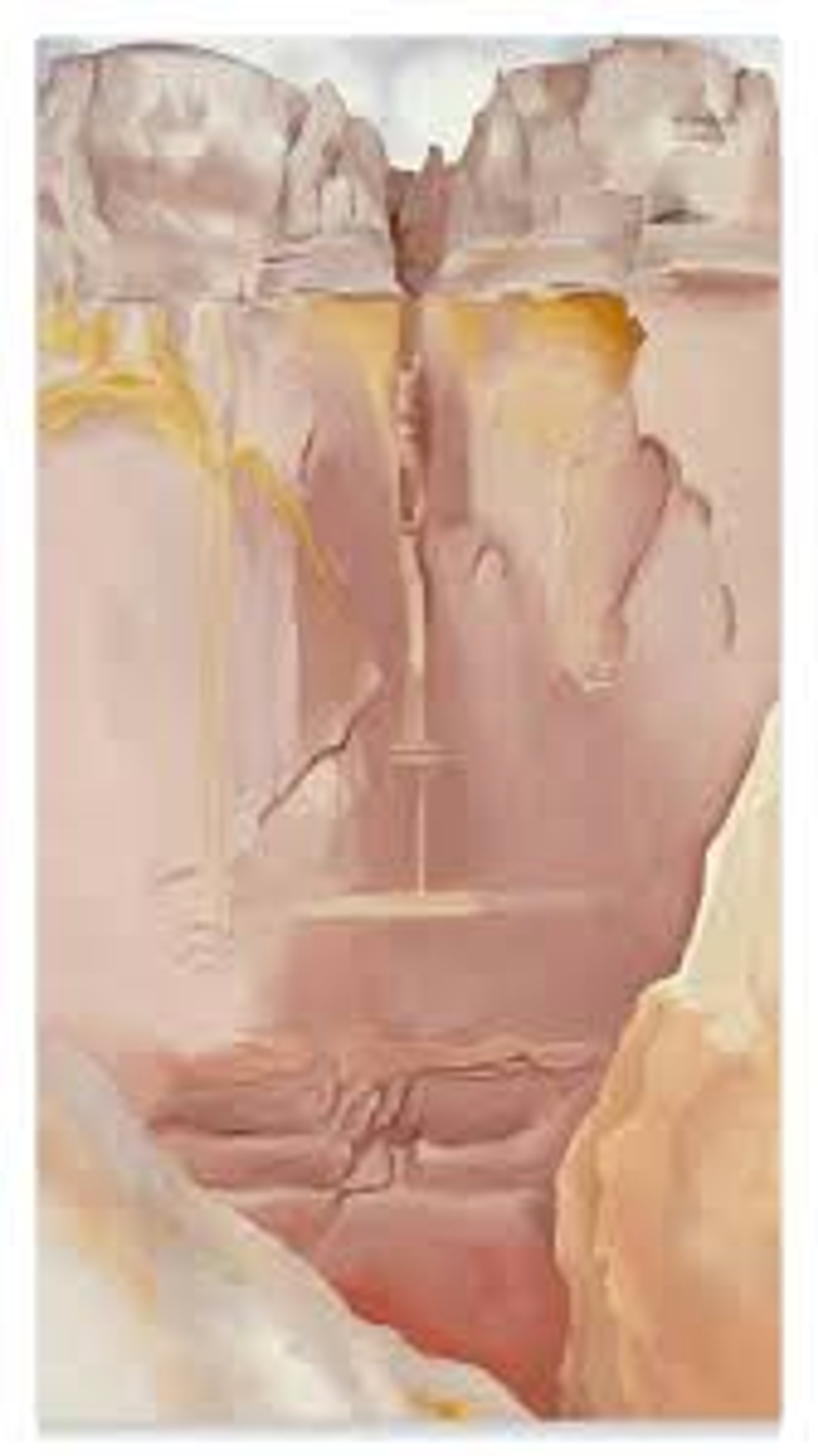 This painting depicts an arid landscape in tones of peach and pink, and shows a waterfall from which only a trickle of water emerges.