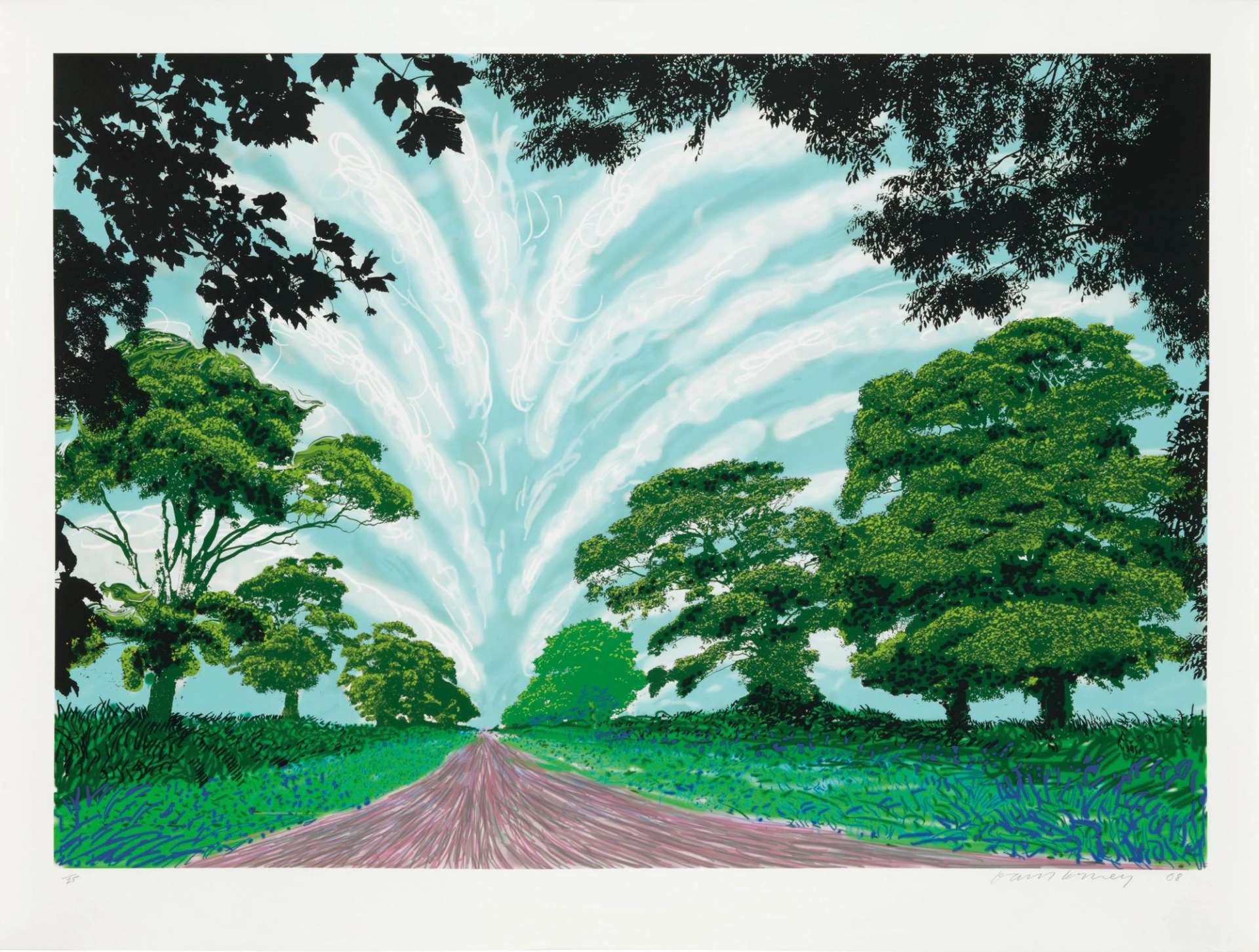 This nature scene by David Hockney shows a field against a blue sky, including vertical funnel clouds.