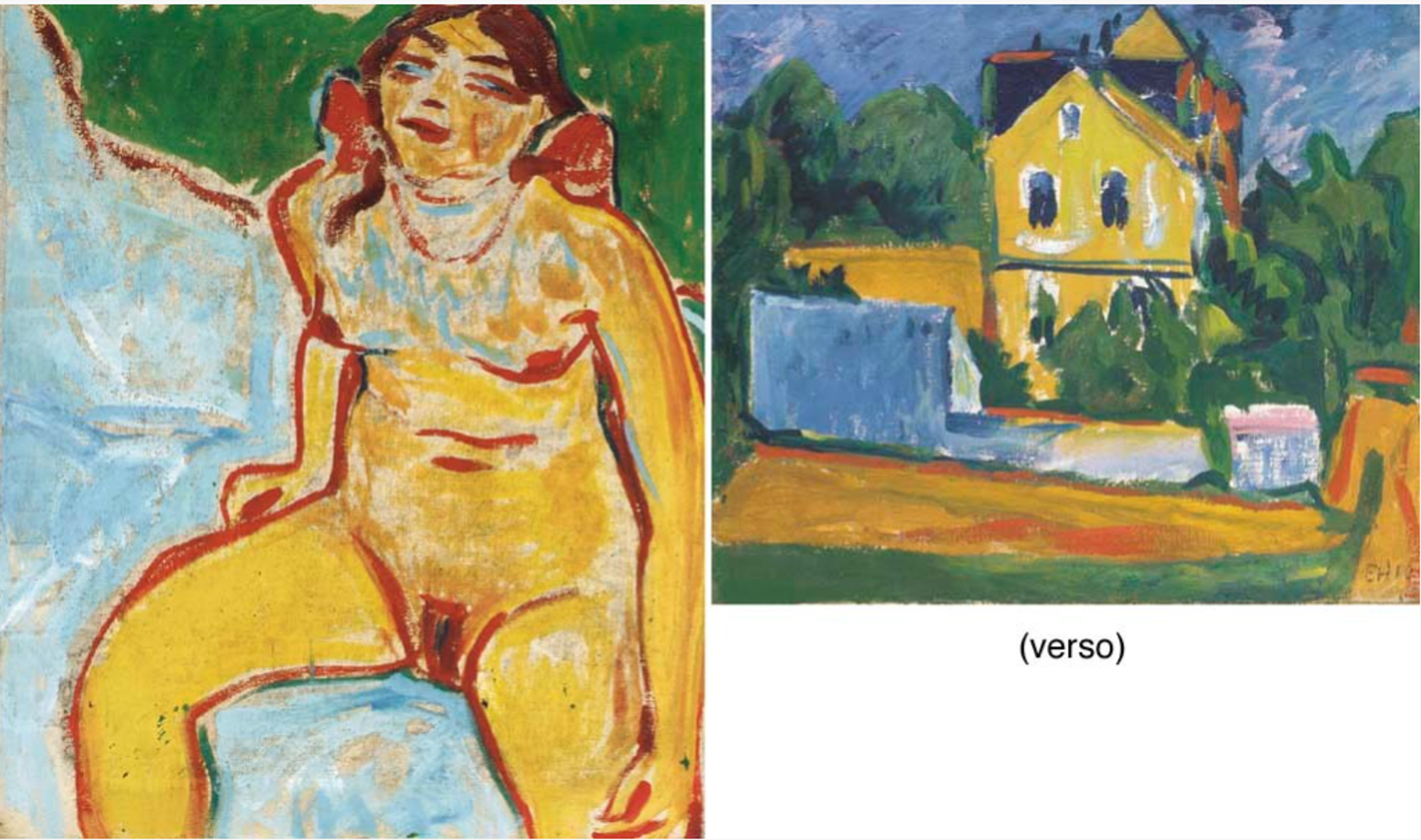 An Expressionist painting of a nude woman seated on a light blue surface with a green background. The figure is rendered with bold outlines and warm tones of yellow and red. Her pose is relaxed, looking up towards the viewer, with a contemplative expression on her face.