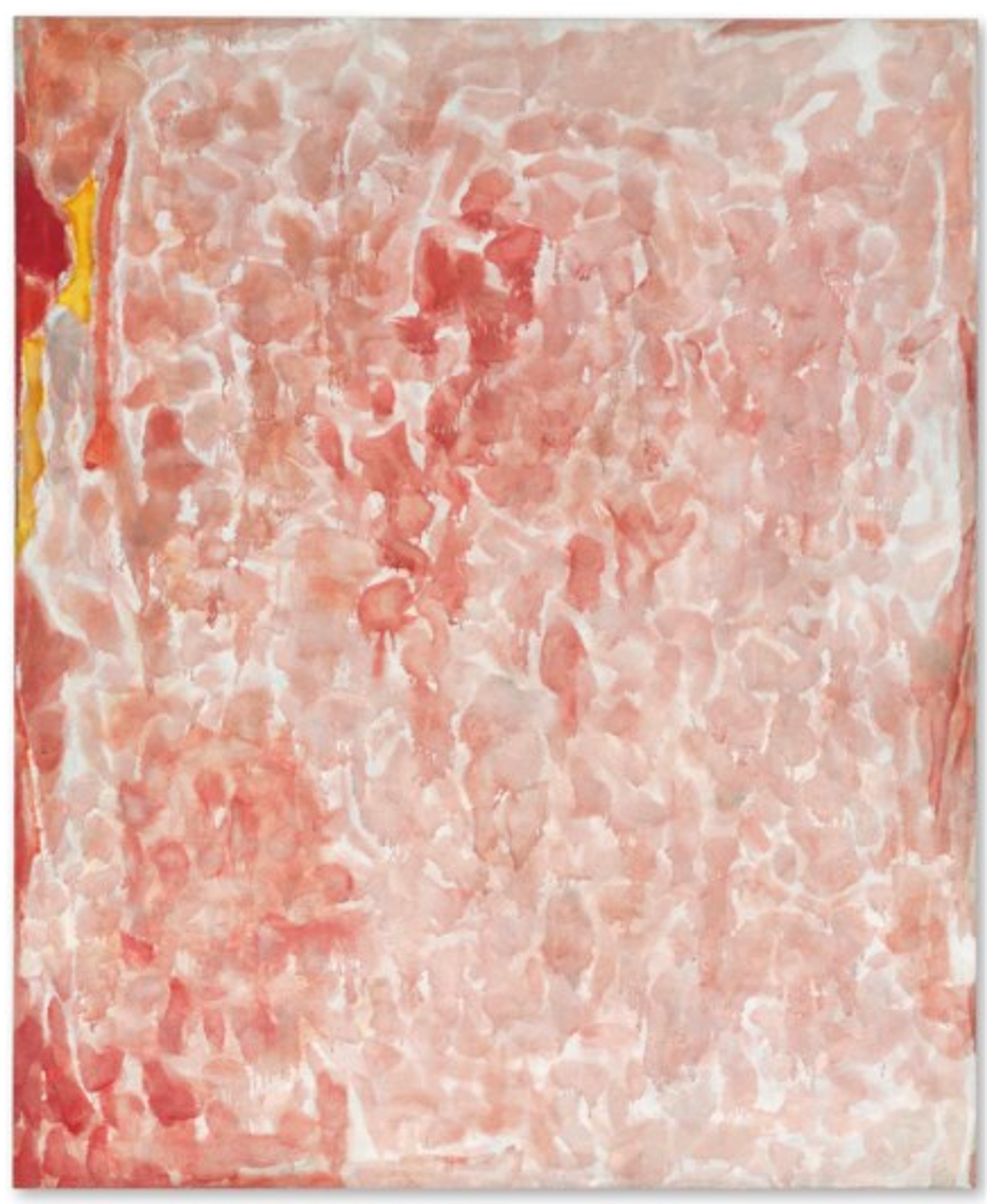 An abstract painting almost entirely comprising short, light red and pink brushstrokes. The white canvas background is visible between the strokes, which are translucent enough to look like watercolour. The colour is most intense on the lefthand side and in a point in the centre towards the top.