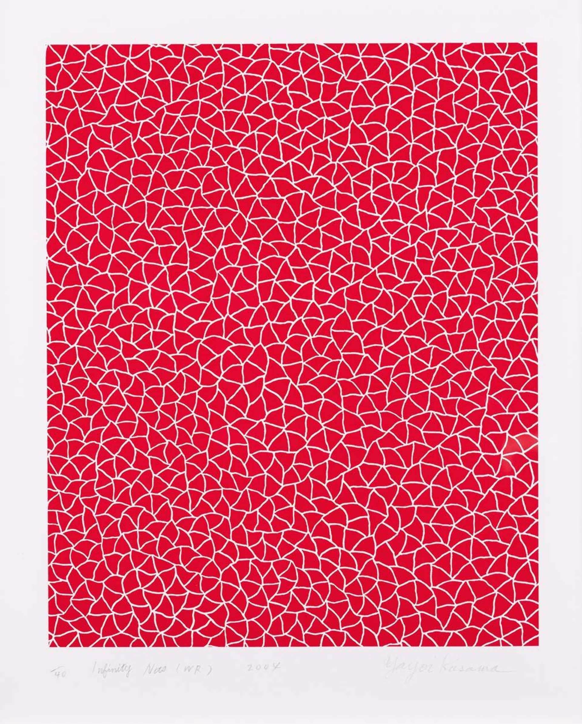 A screenprint featuring white lines cutting through a red background, forming many loose triangle shapes.