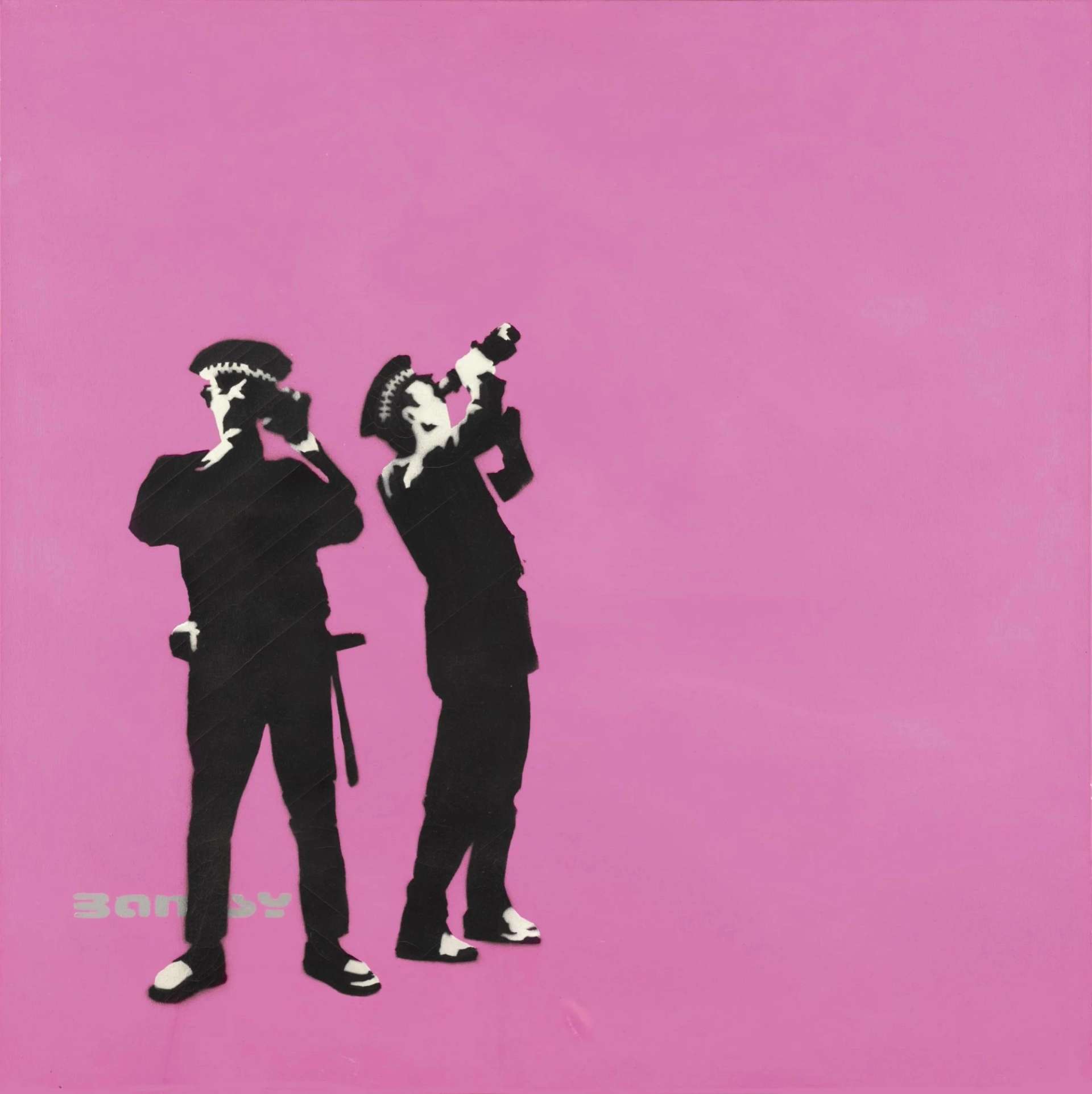 Two police officers gazing into binoculars against a pink background.