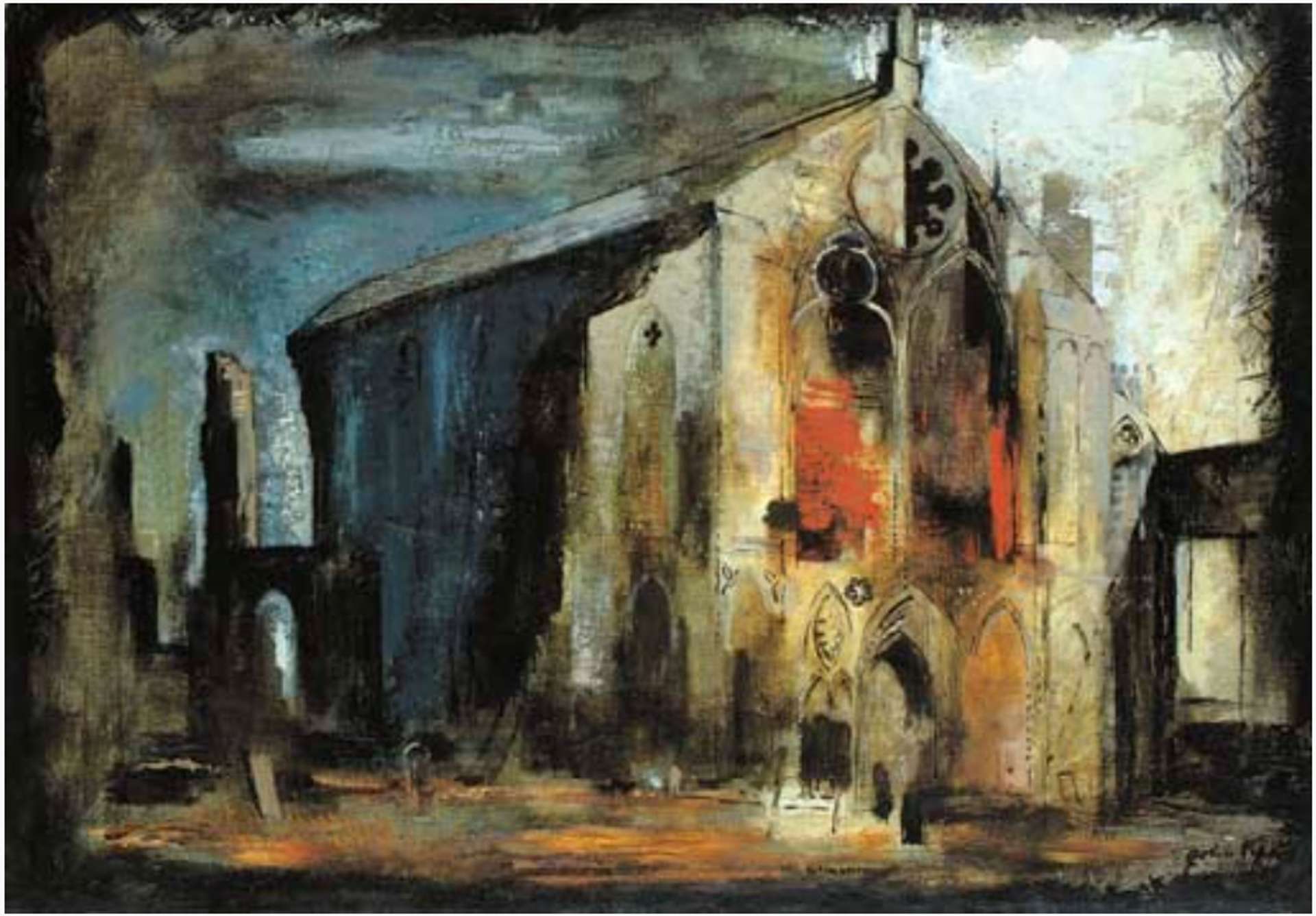 A semi-abstract figurative representation of a church with blended shades of colour, evoking an eerie sense of the church being on fire, created in the post-war period.