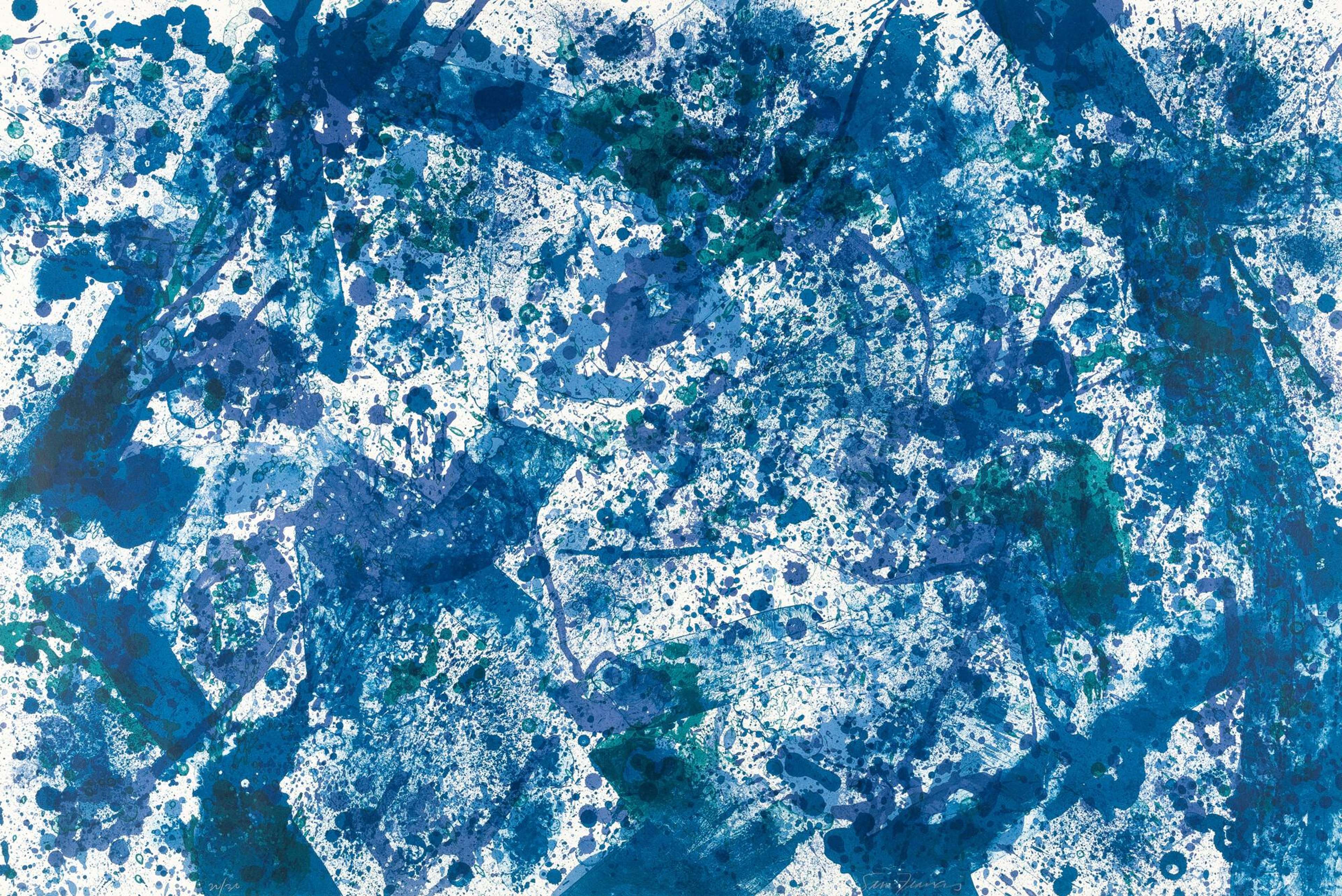 A lithograph by Sam Francis depicting blue forms and ink marks against a white background.