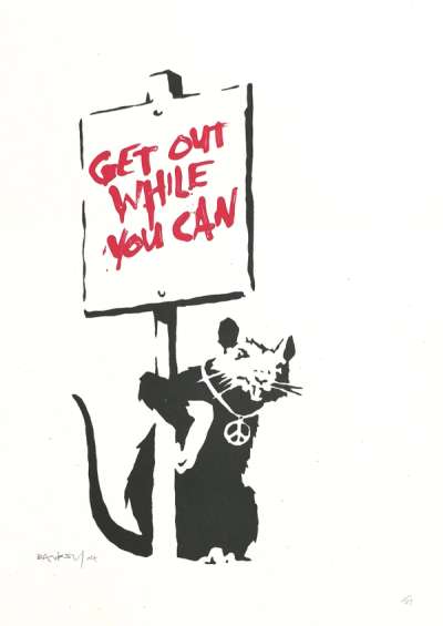 Banksy: Get Out While You Can (red) - Signed Print