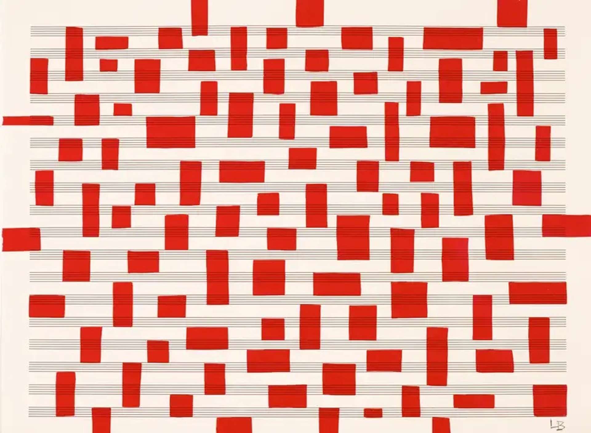 Louise Bourgeois’ Untitled #15. A screenprint of red rectangles in a pattern against a sheet of horizontal lines.