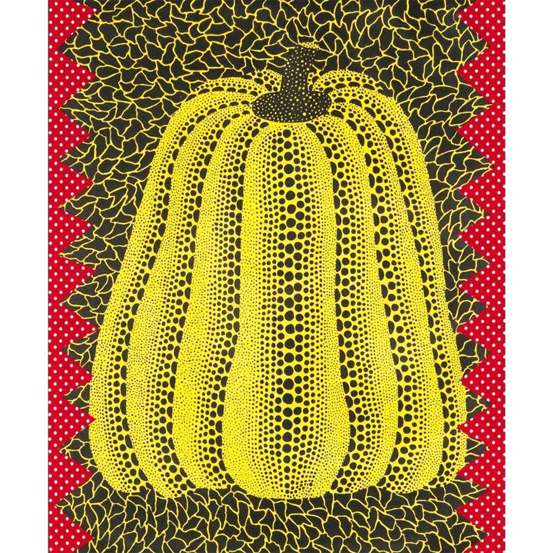 Yayoi Kusama's Pumpkin (yellow) , Kusama 4. A lithograph of a pumpkin created out of a pattern of yellow and black polka dots against a geometric patterned background