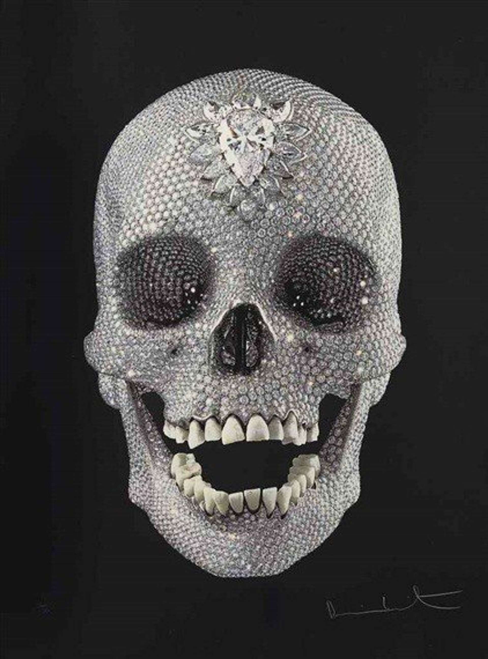 A diamond encrusted skull gazes out to the viewer, set against a black background. Diamonds cover the entire skull, with one large diamond at the centre of its forehead, and real human teeth. The artist's signature is written in the bottom right corner of the screen print.