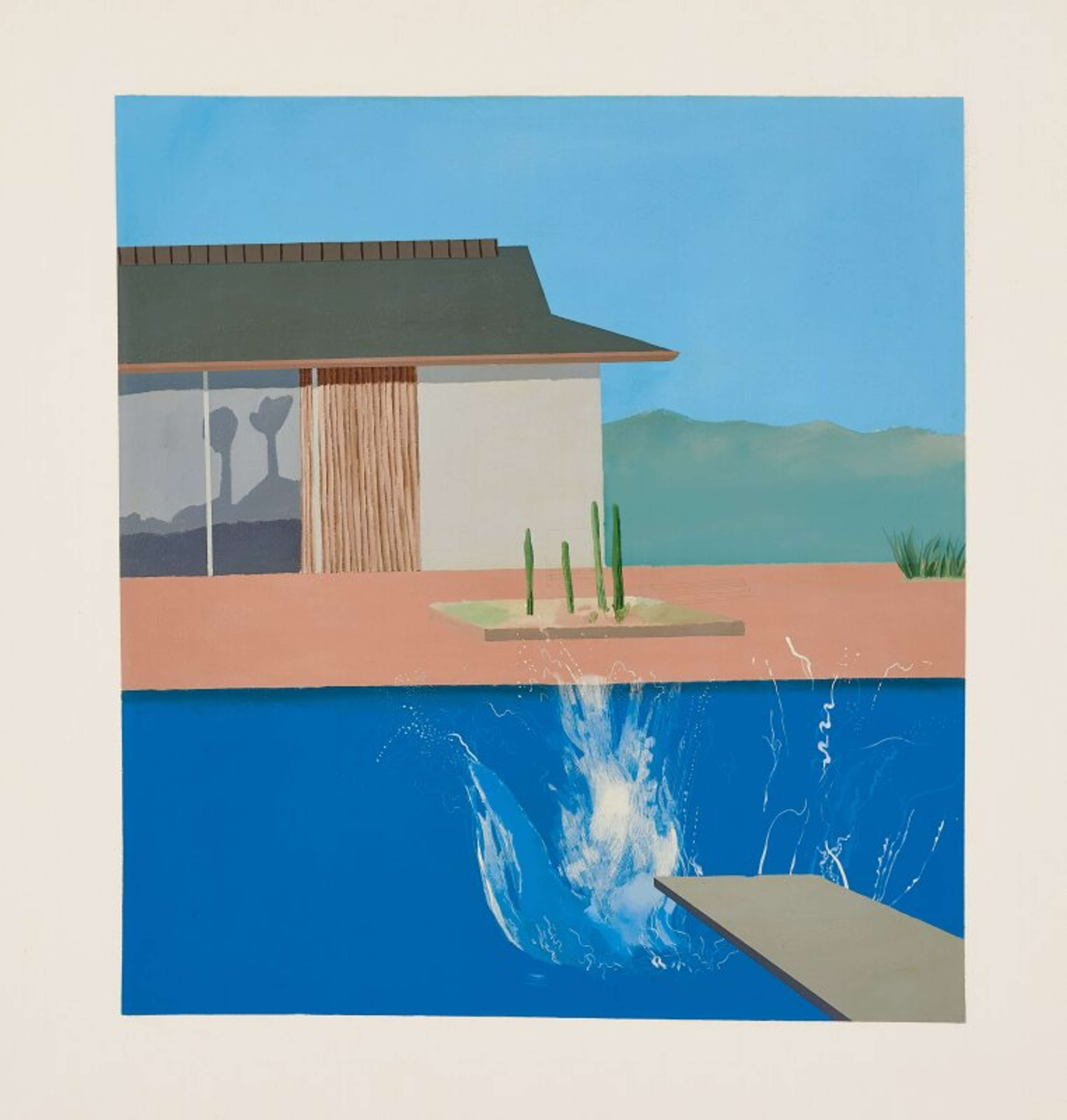 David Hockney’s The Splash. An acrylic painting of a swimming pool with a visible splash in front of a home. 