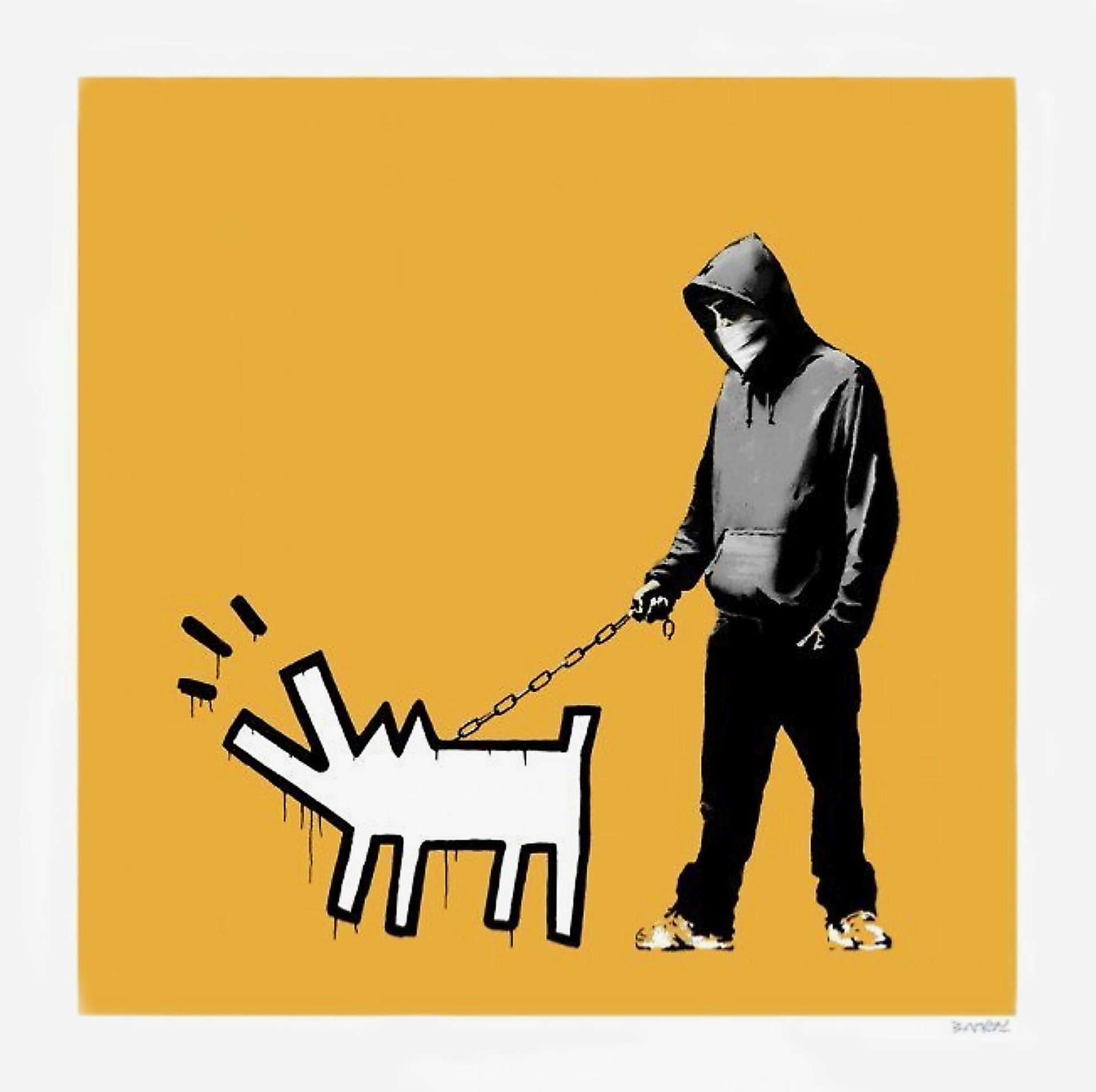 A Banksy print depicting a man wearing an oversized hooded jacket with a bandana covering his face. The man is holding a cartoonish barking dog on a chain, which is borrowed from a Keith Haring print. The figures are set against a light orange background.