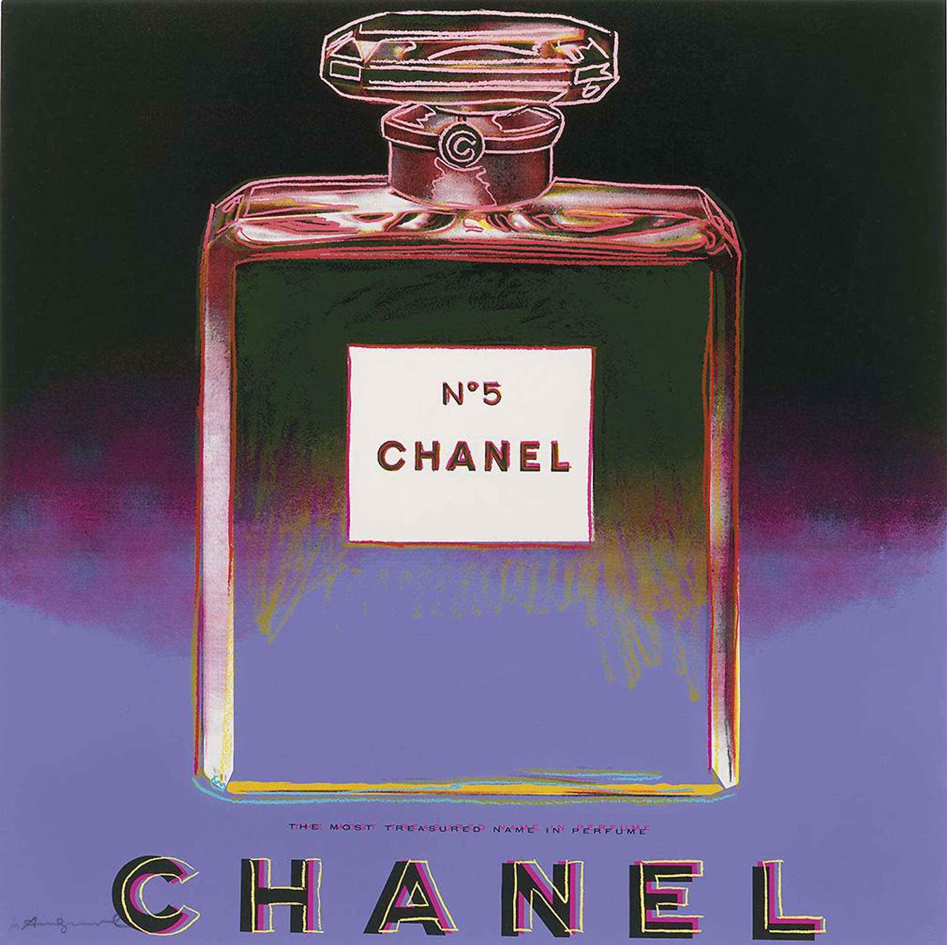 A Chanel No. 5 perfume bottle appears at the centre of the composition, outlines in pink against a purple background. The brand name Chanel appears in type at the bottom of the work