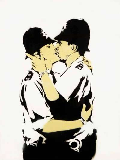 Kissing Coppers (canvas) - Unsigned Spray Paint by Banksy 2005 - MyArtBroker