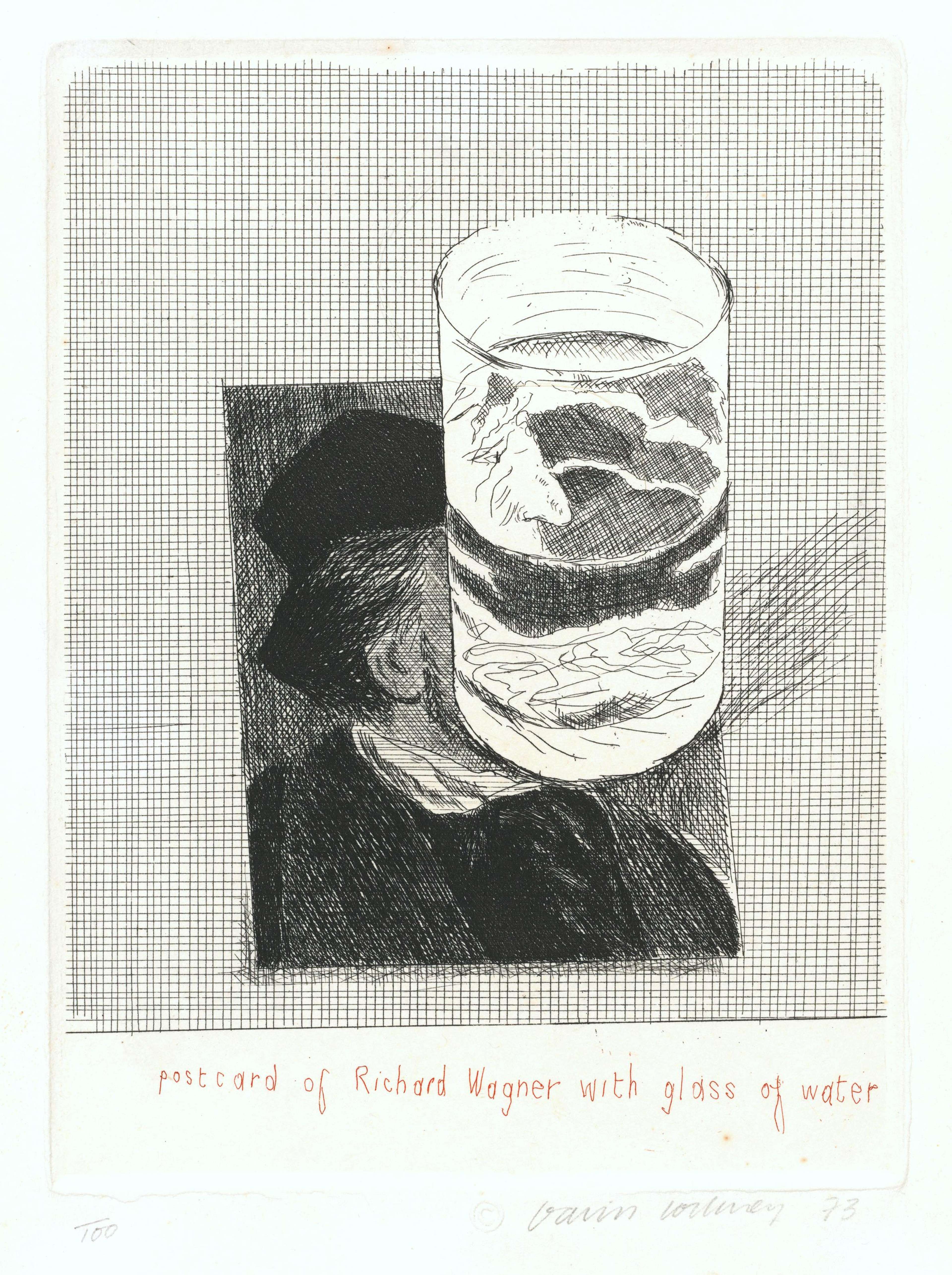 This print shows a print of composer Richard Wagner, his face obscured by a transparent glass of water.