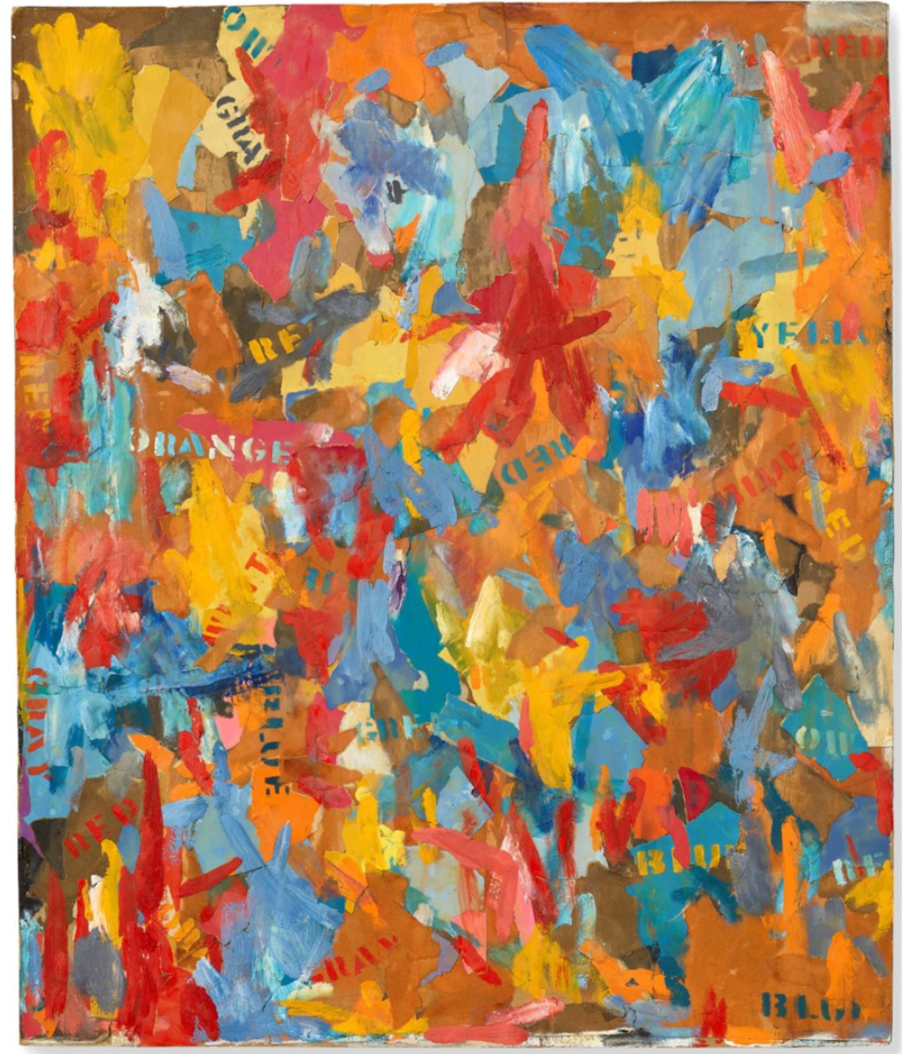 Abstract canvas by Jasper Johns featuring hues of yellow, orange, red, blue, and grey. Stenciled words in contrasting spray-painted colours overlay the abstracted background.