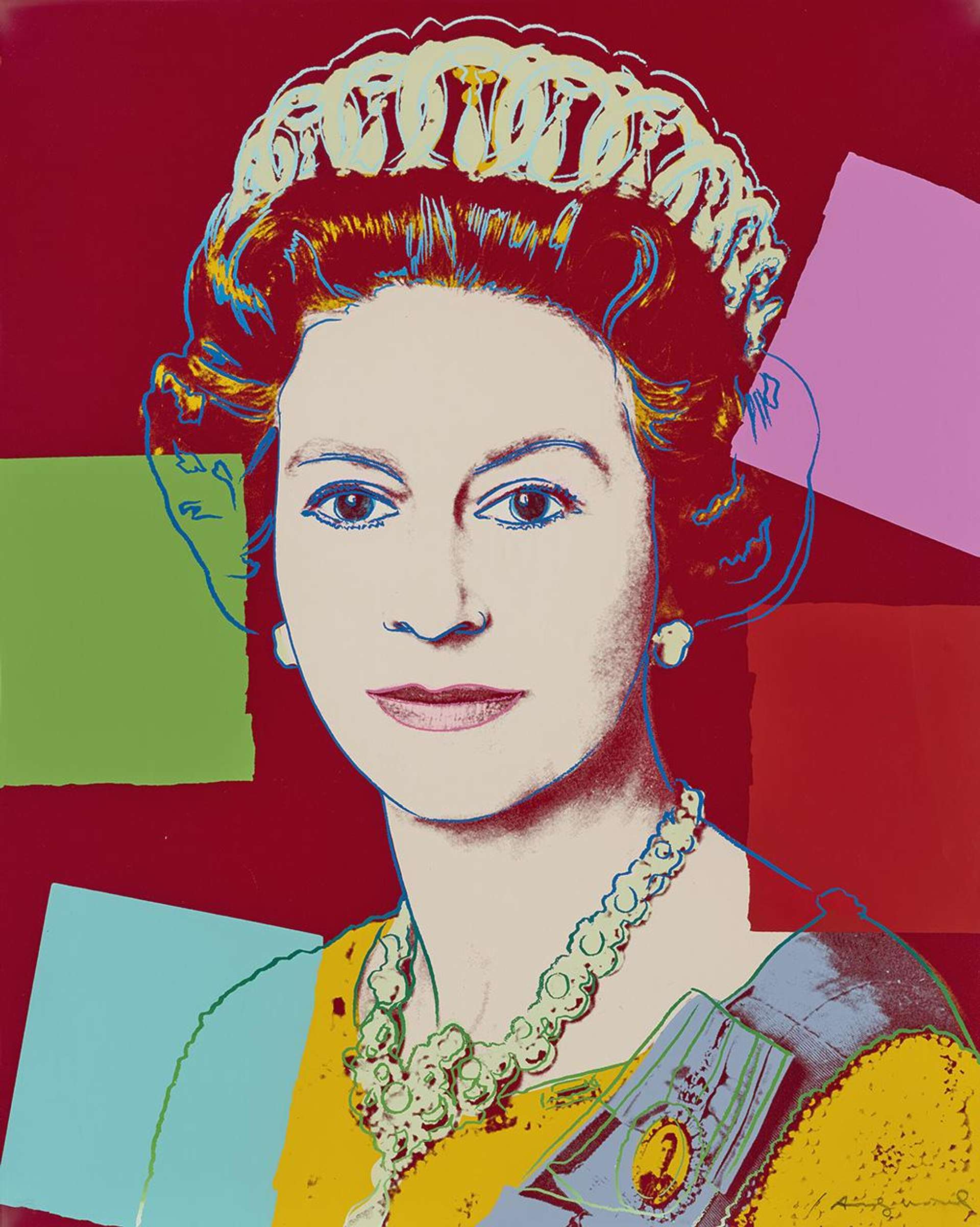 A young Queen Elizabeth II wearing her royal crown and jewellery in the forefront of a red background with accents of light blue, pink, and light green in the style of Pop Art.