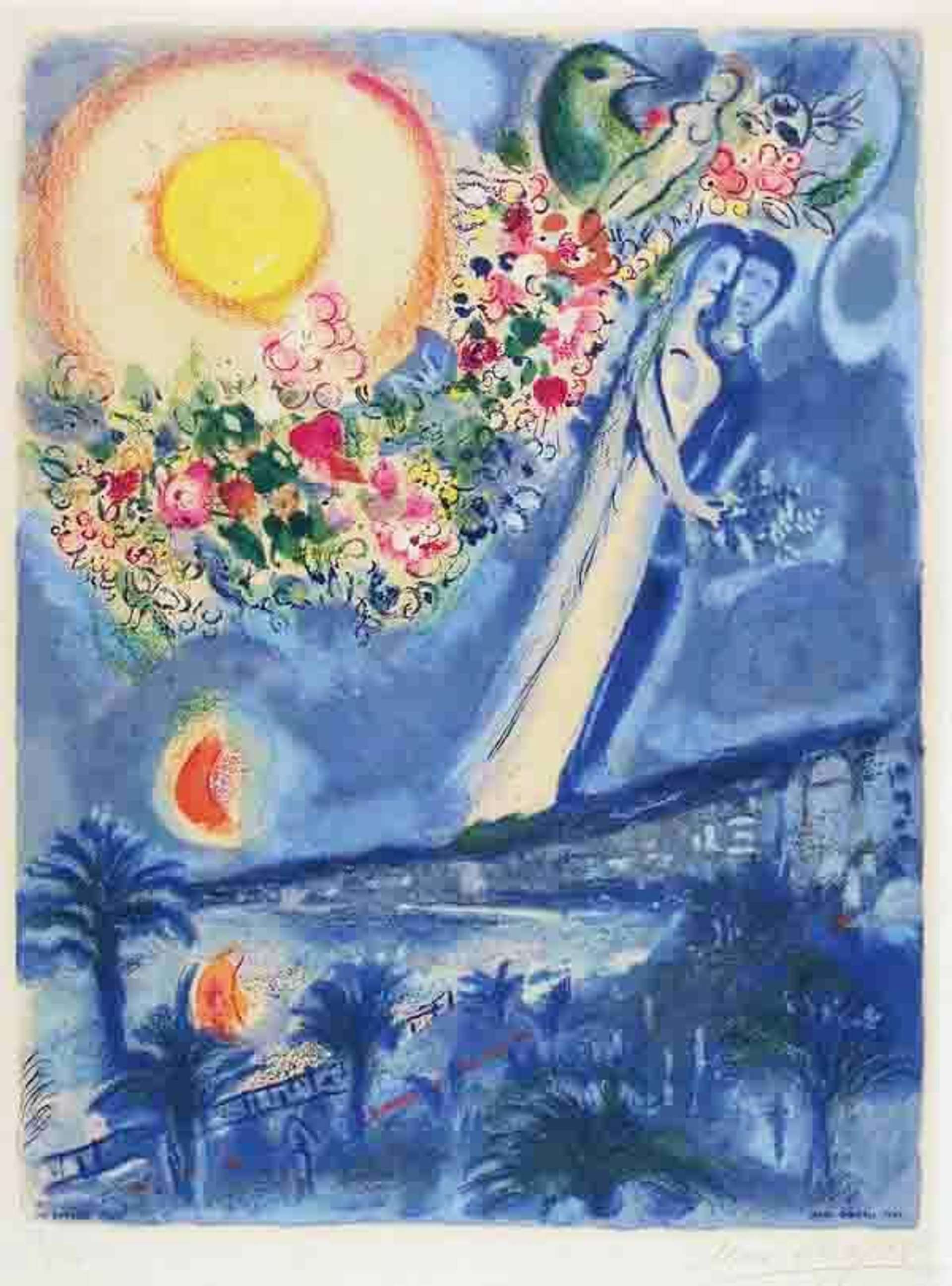 Marc Chagall: Fiancés Dans Le Ciel De Nice - Signed Print
