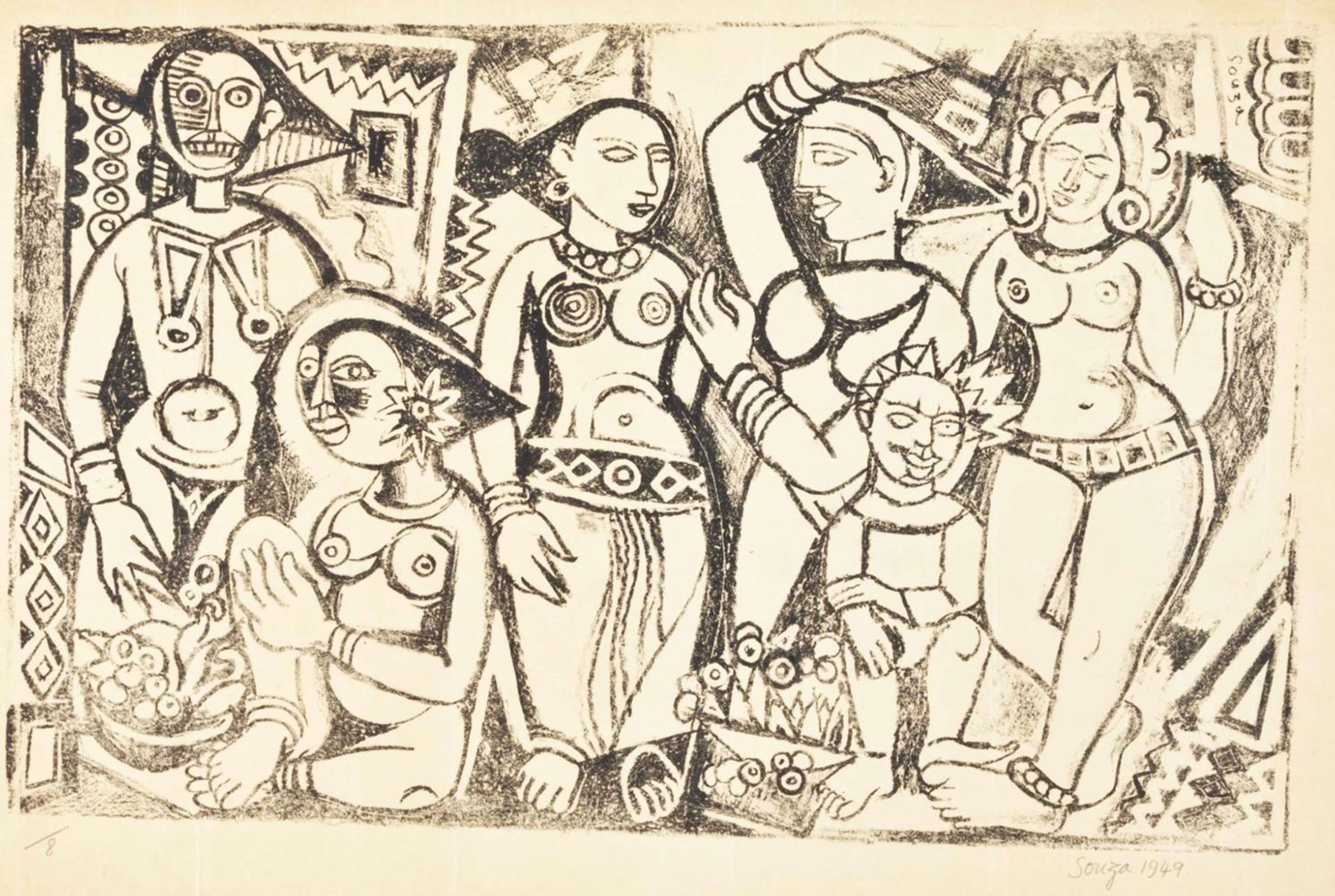 Untitled (Village Group) - Signed Print by Francis Newton Souza 1956 - MyArtBroker