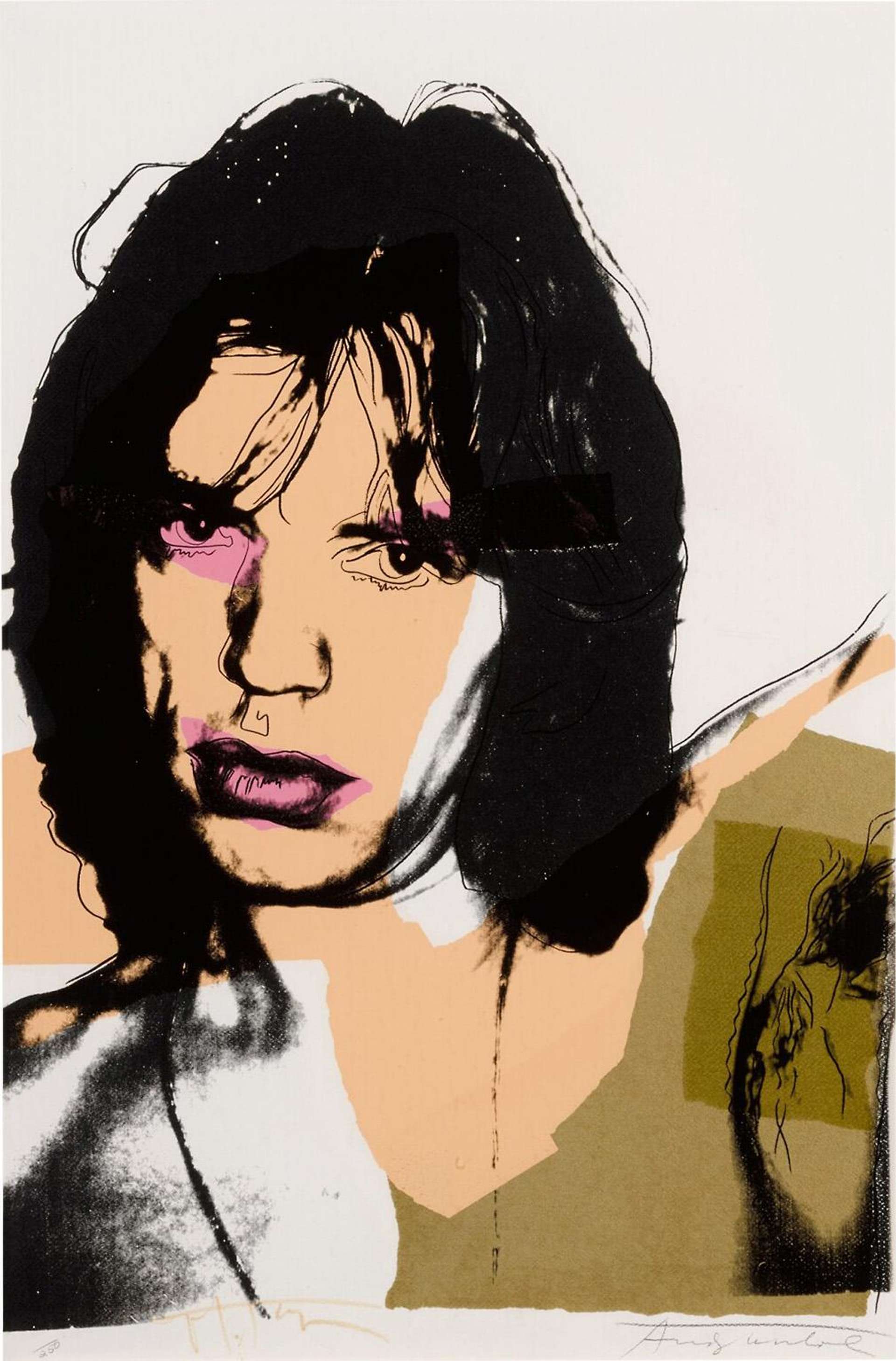 Andy Warhol’s Mick Jagger (F. & S. II.141). A Pop Art screen print of a black and white image of Mick Jagger with the colour pink on his lips and parts of his eyes. The rest of his body has shades of yellow covering him. 