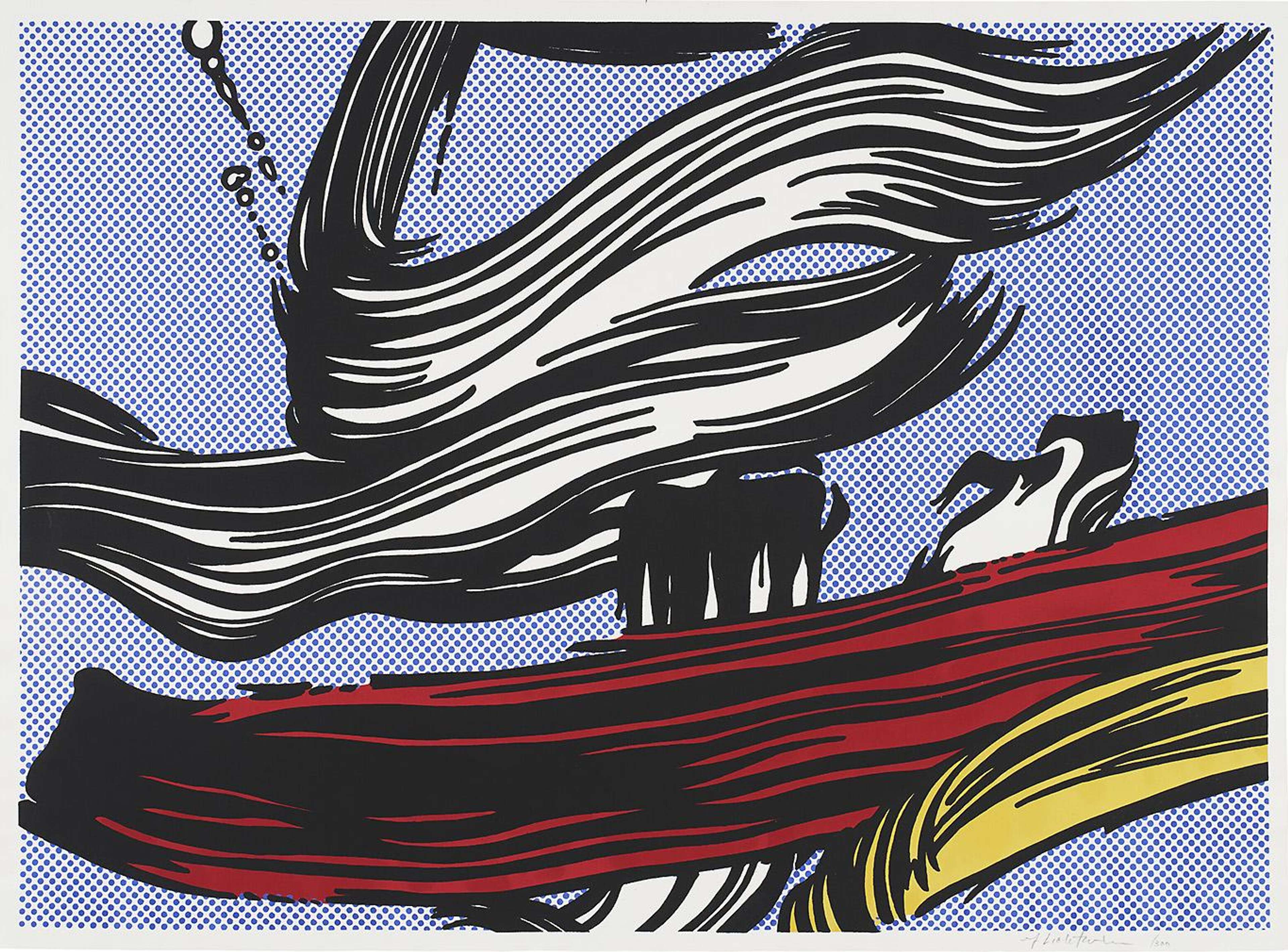 An image of the print Brushstrokes by Roy Lichtenstein. It features a series of graphic looking brushstrokes, in red, yellow and white, against a background of Ben-Day dots.