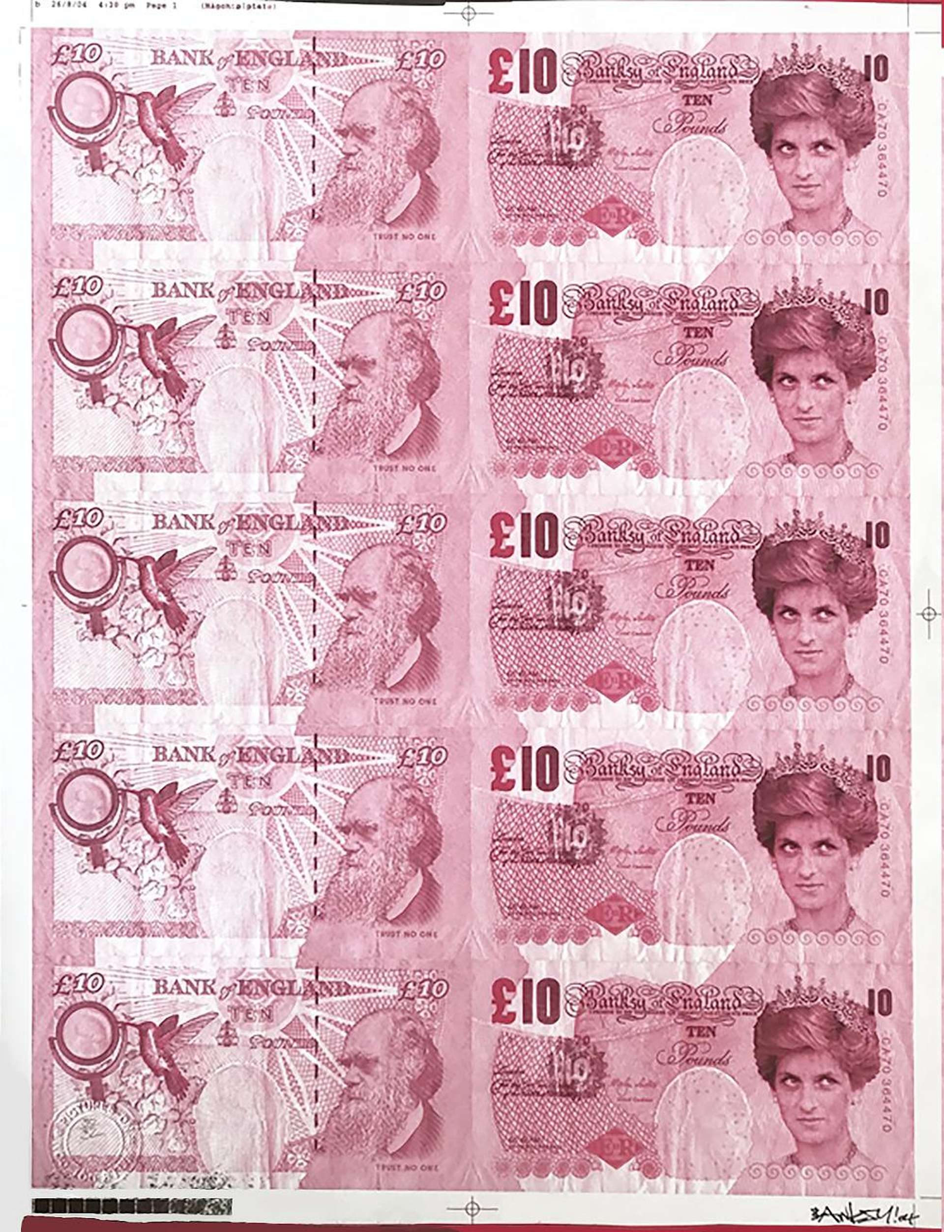 A lithography by Banksy featuring five British £10 notes, each with controversial differences: a portrait of Princess Diana instead of the Queen and the inscription "Trust Noone."