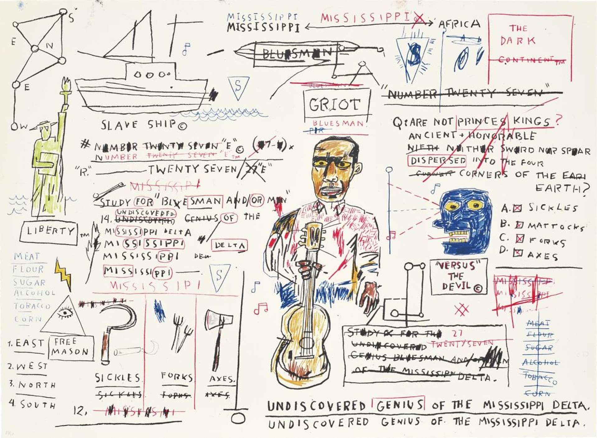 An image of the print Undiscovered Genius by Jean-Michel Basquiat. At the centre of the composition is a black man holding a guitar, who is the ‘Undiscovered Genius’ focal figure of the work. Around his intensely coloured figure are a series of sketches and text panels that encourage the viewer to read the work as much as view it.