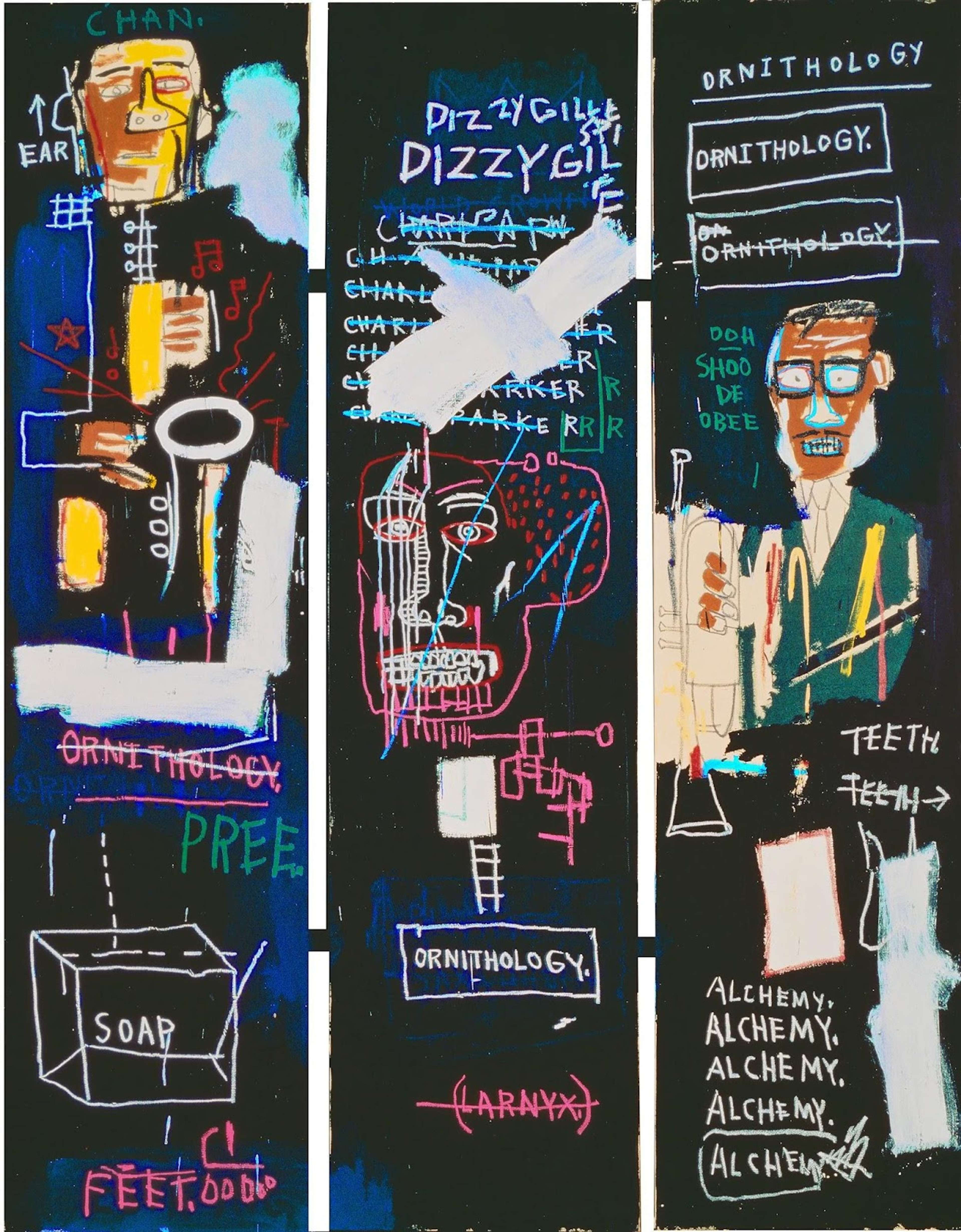 An image of the artwork Horn Players by Basquiat. It shows stylised figures, surrounded by Basquiat’s signature scribbles including medical terms. It also features many onomatopoeias, such as “Doh Shoo De Obee”.