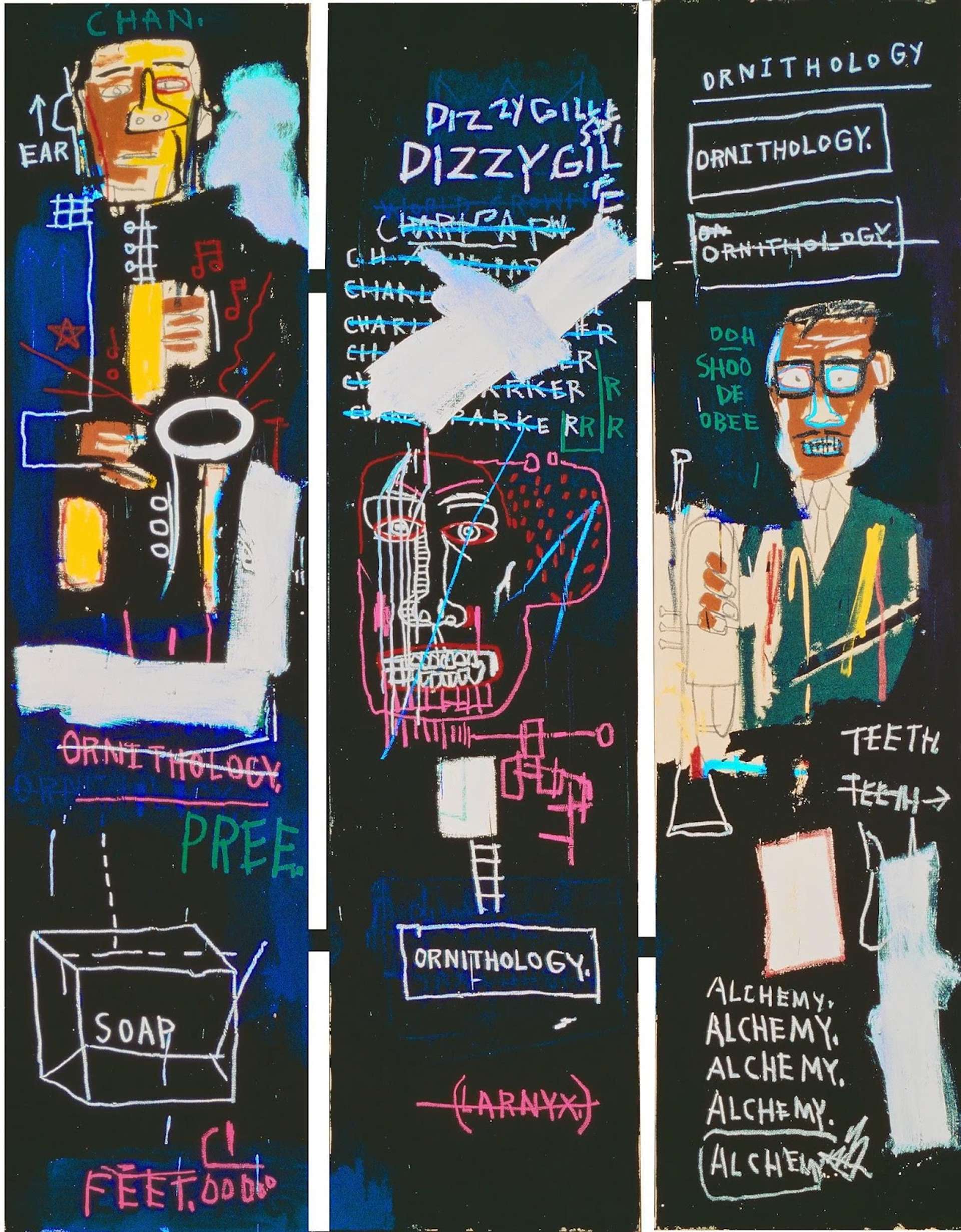 An image of the artwork Horn Players by Basquiat. It shows stylised figures, surrounded by Basquiat’s signature scribbles including medical terms. It also features many onomatopoeias, such as “Doh Shoo De Obee”.