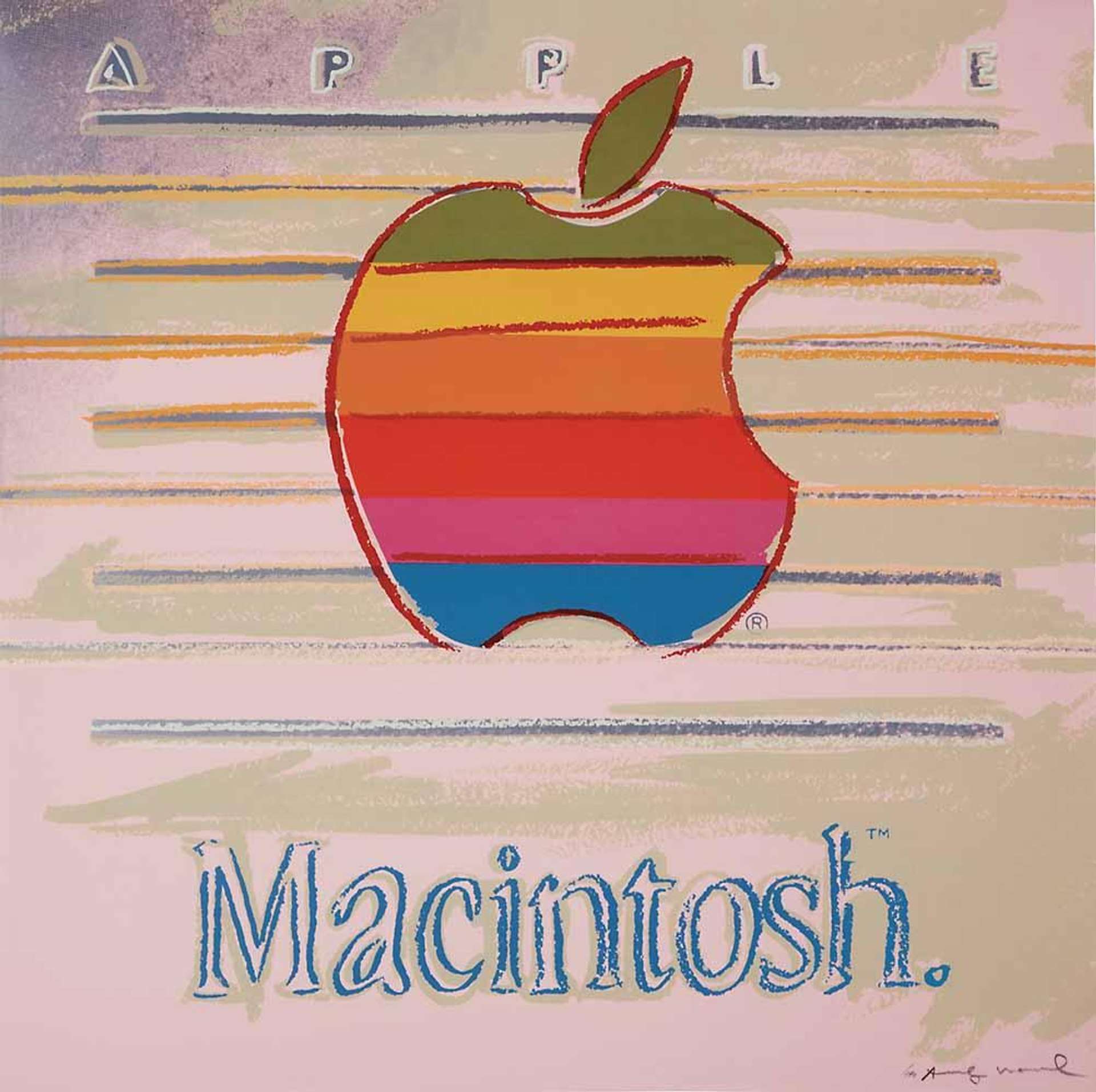 Printed in 1985, Apple (F. & S. II.359) is a screen print by Andy Warhol that captures his love for and obsession with consumer culture. This print features the multicoloured, striped Apple Macintosh logo, rendered against a pastel pink backdrop.