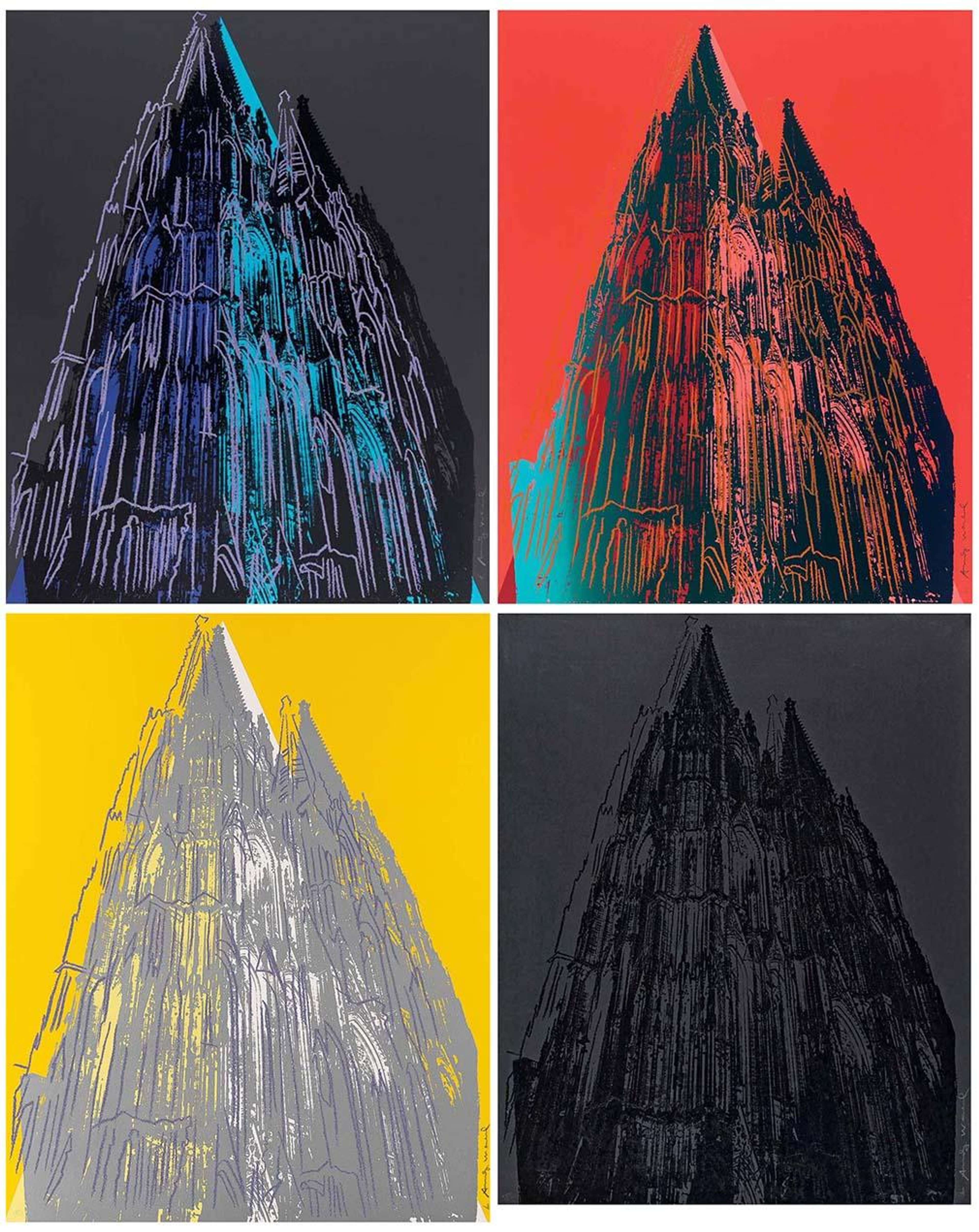 In this print Warhol renders the iconic Cologne Cathedral in an unconventional graphic style. Against colourful backdrop, Warhol prints an image of the cathedral in contrasting colours. Warhol uses crayon-like lines to add detail to the print, however the artist simplifies the details of the Gothic architecture significantly through the printing process.