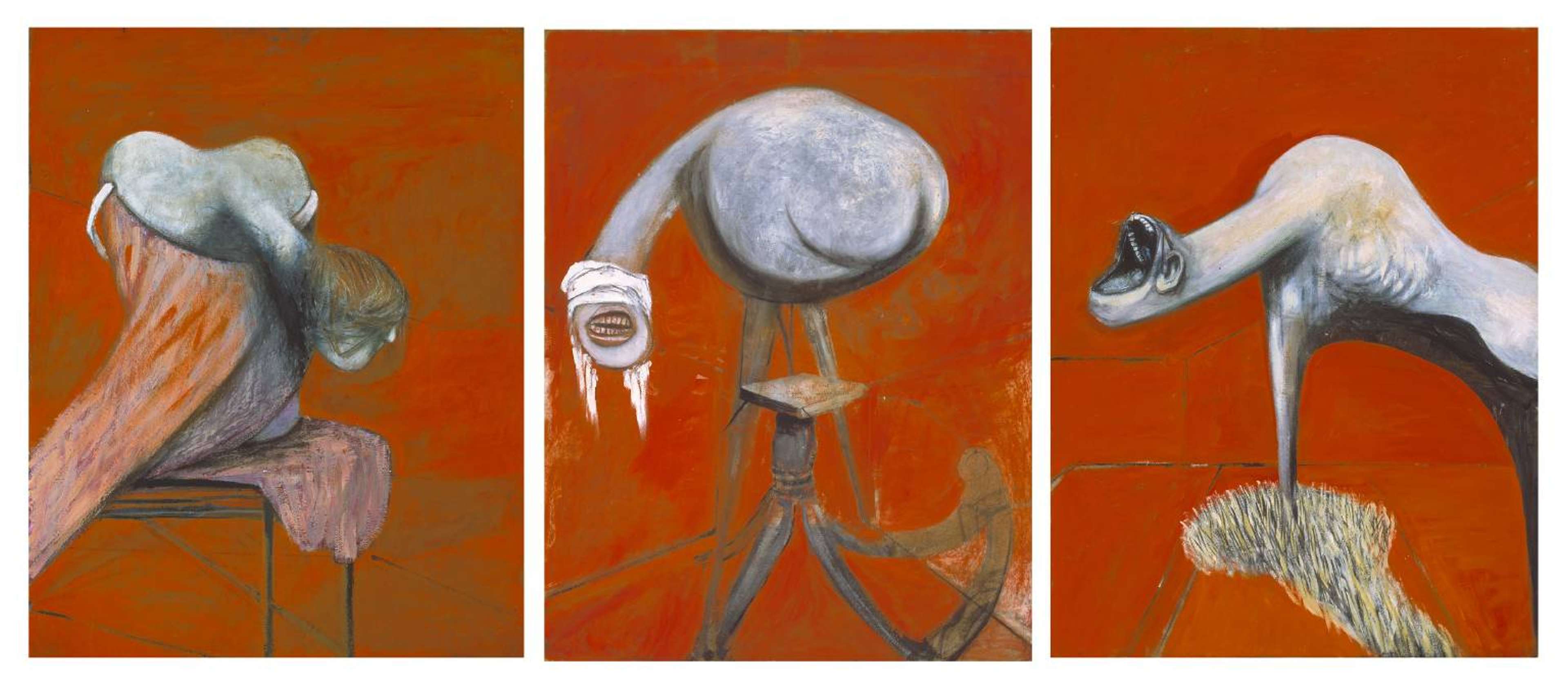 Three panels depicting abstract, ominous creatures