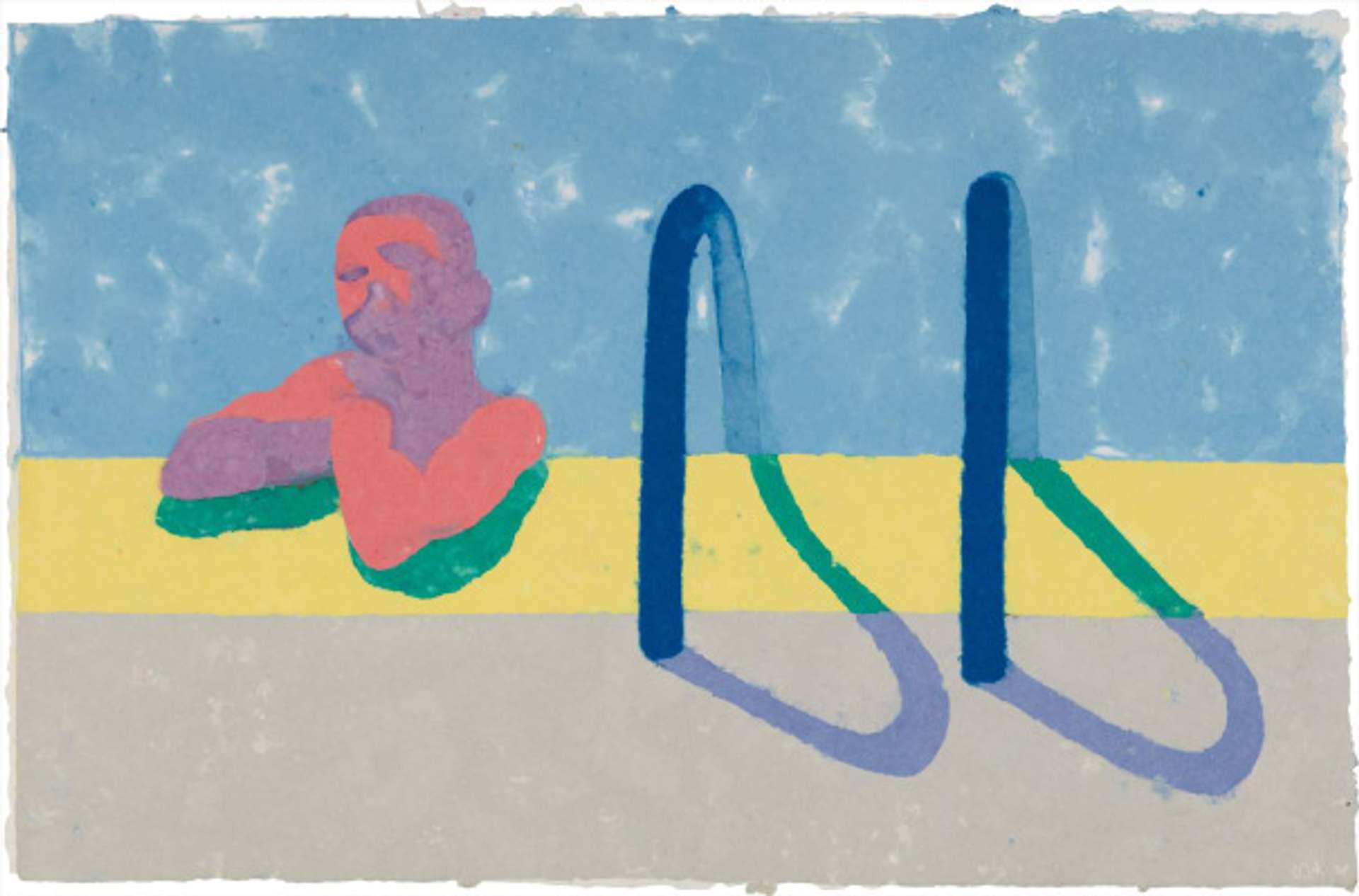 A young man appears at the left of the work, abstractly delineated in pink and purple. The figure leans agains the edge of a swimming pool, with the handle bars positioned to the right, casting a shadow into the foreground of the composition.