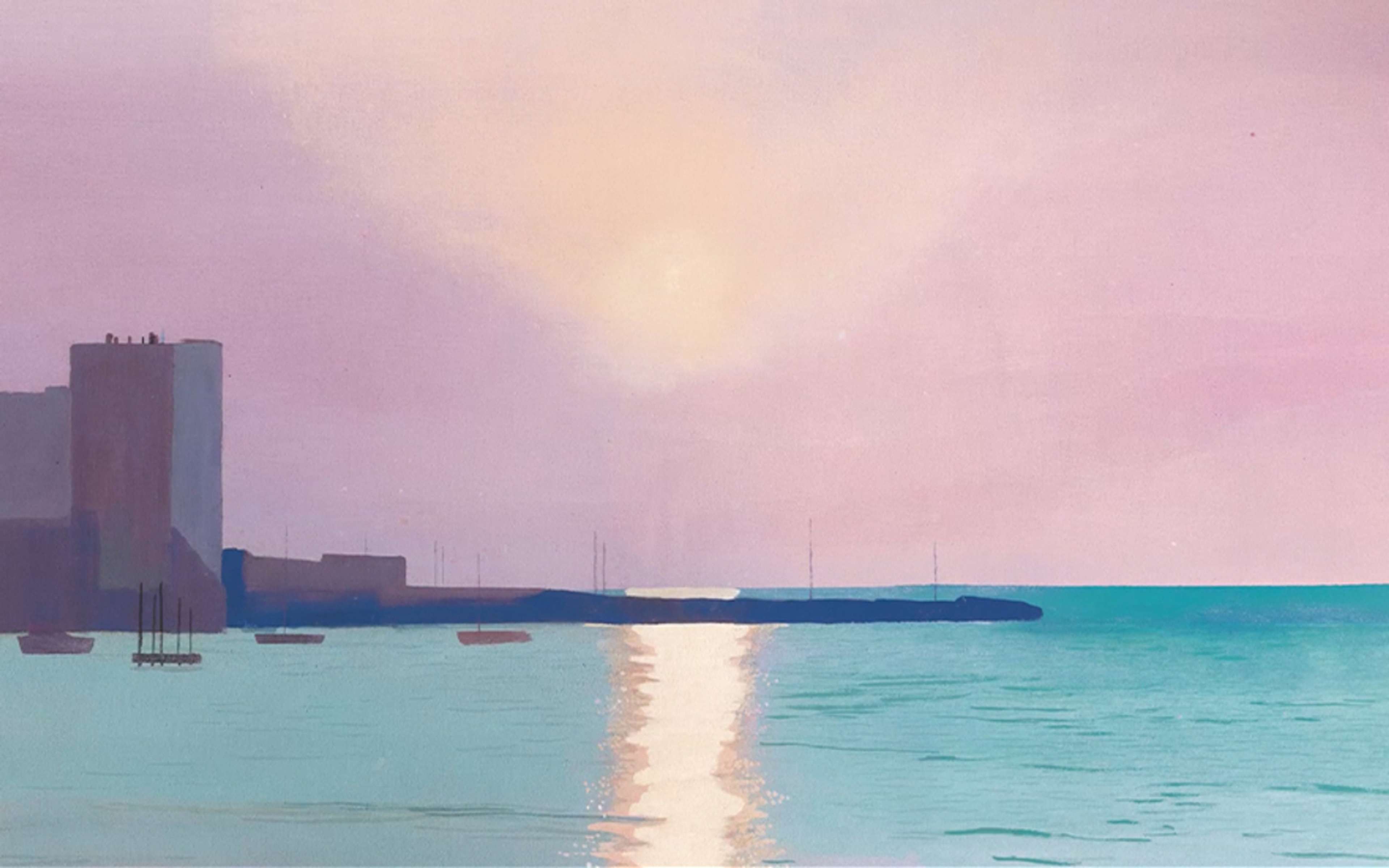 David Hockney’s Early Morning, Sainte-Maxime. An acrylic painting of an early morning seaside view with hues of purple, blue, and pink.