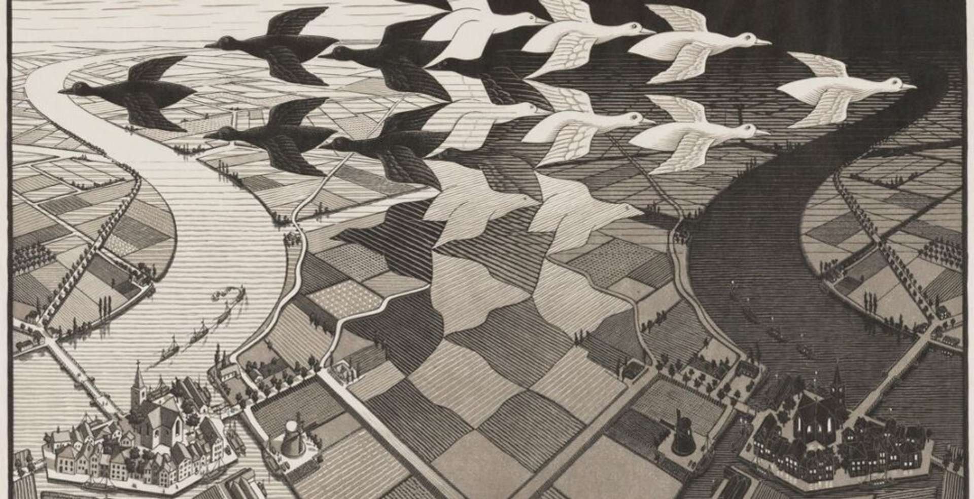 M.C. Escher’s Day & Night. A Modern Art woodcut black and grey print of black and white groups of birds flying away from each other overlooking a view of the city.