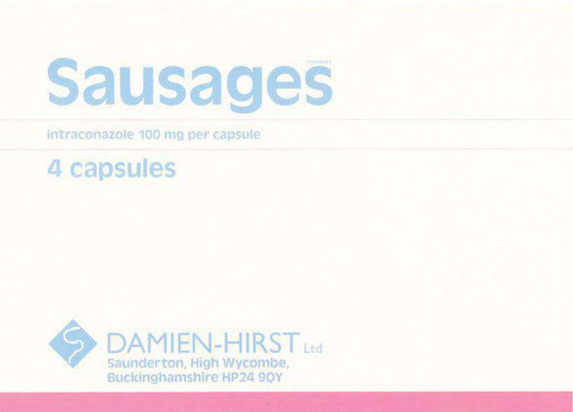 Damien Hirst’s Sausages. A screenprint of a white pharmaceutical box with the text “Sausages”. 