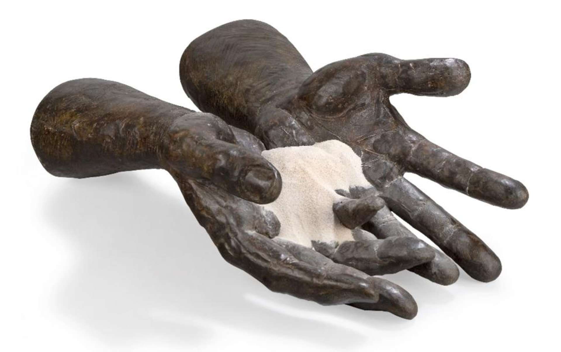 A bronze sculpture titled "You Cannot Stop Time" featuring a large hand holding a glass sphere, mounted on a rectangular base.