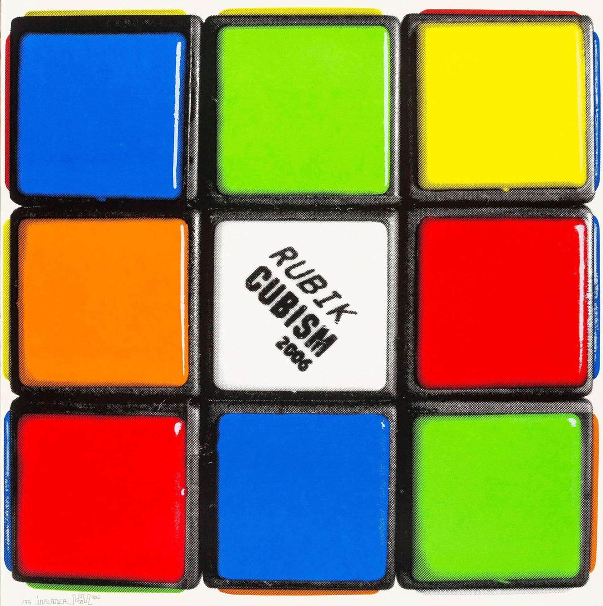  Here Invader portrays one face of a Rubik's Cube, arranged in a mixed manner so as to show all six colours, the white square in the middle stating Rubik Cubism 2006 in capital letters.