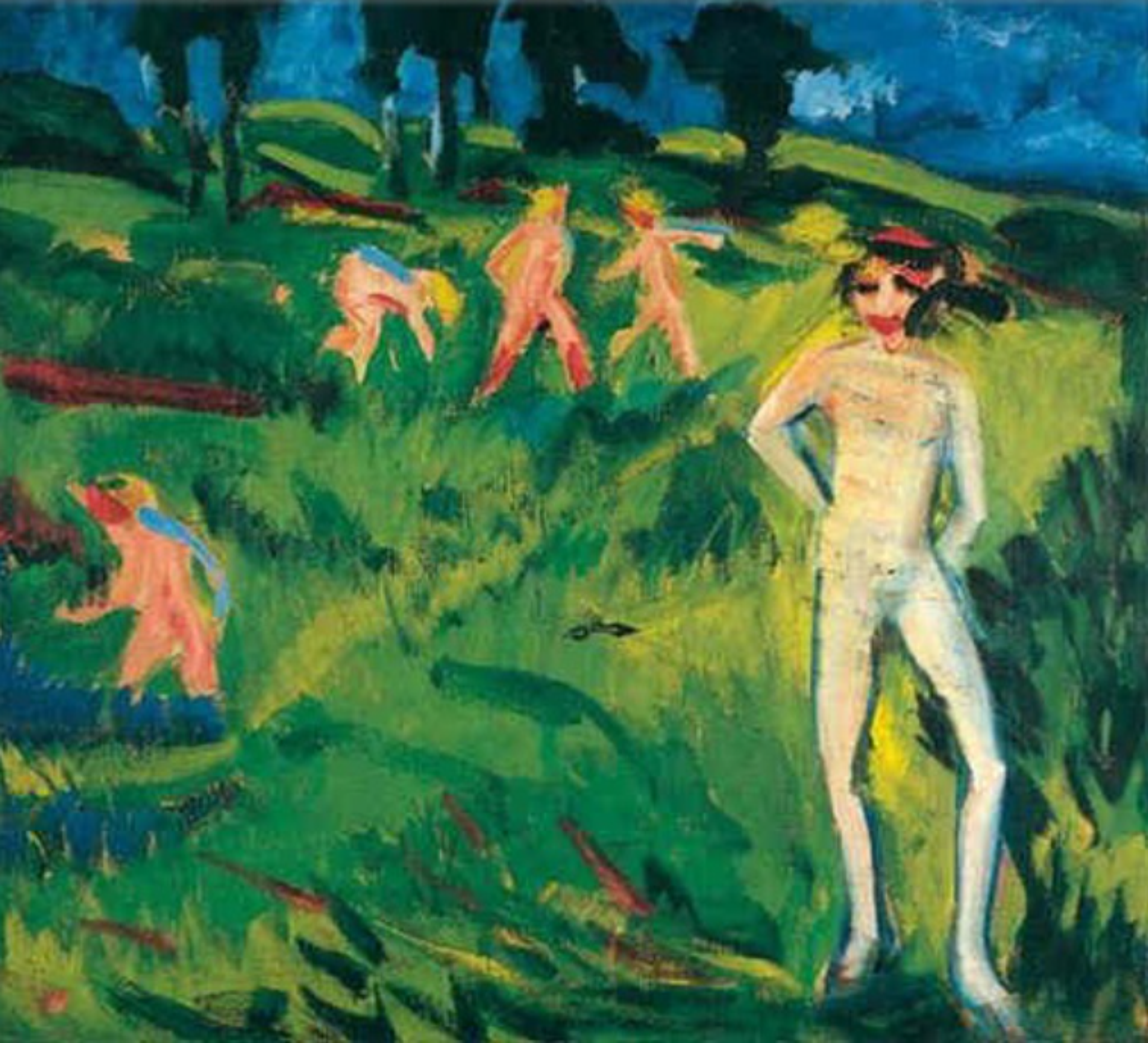 An Expressionist painting featuring a vibrant green landscape with a group of young nude figures scattered across the grassy field. In the foreground, a central figure with pale skin and dark hair stands confidently, while smaller figures in the background interact with their surroundings. The sky is a deep, dramatic blue, and trees are silhouetted against the horizon.