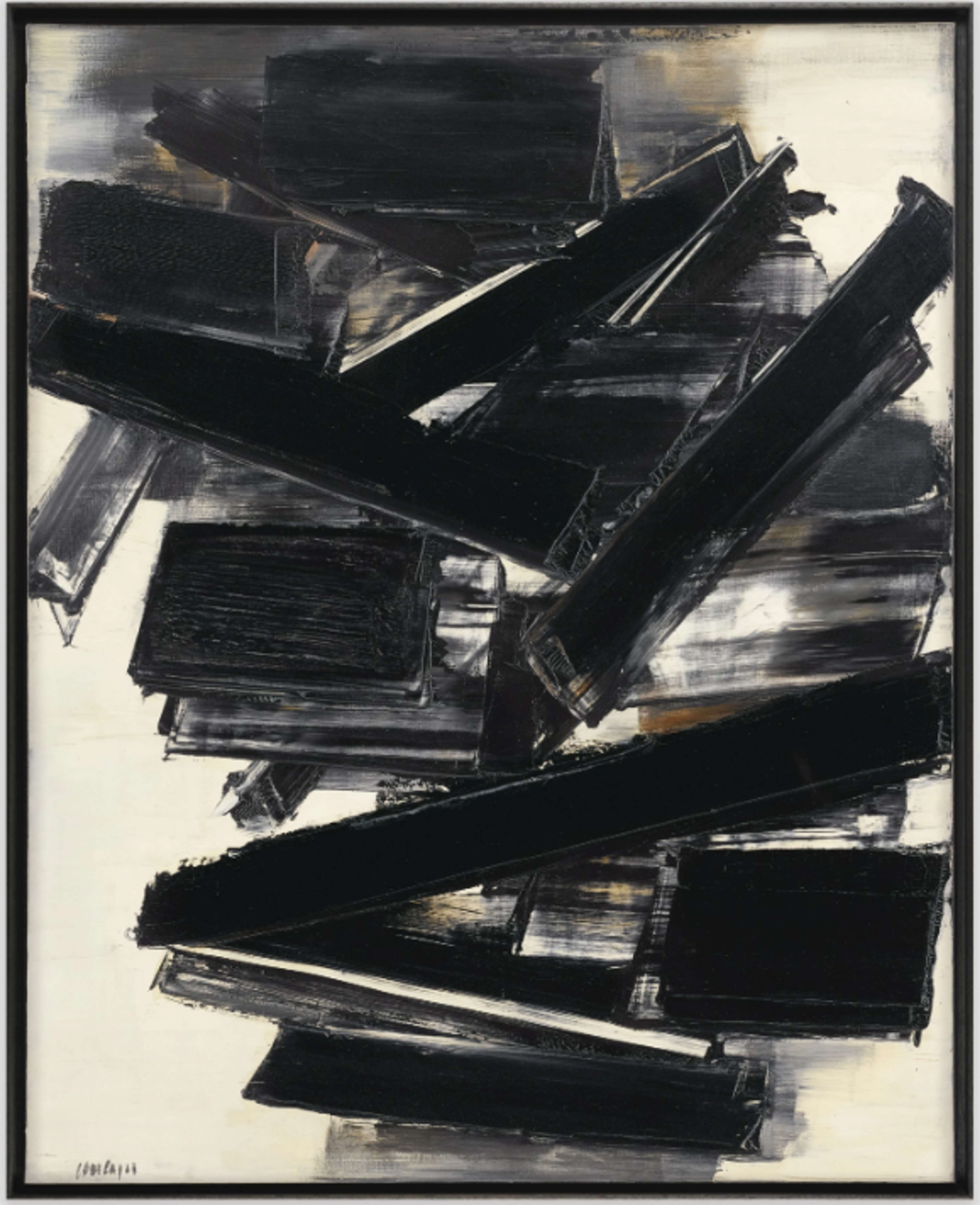 An abstract painting with thick black brushstrokes arranged at random across the centre of a pale canvas, the thinner layers of paint beneath the stronger brushstrokes creating grey tones.