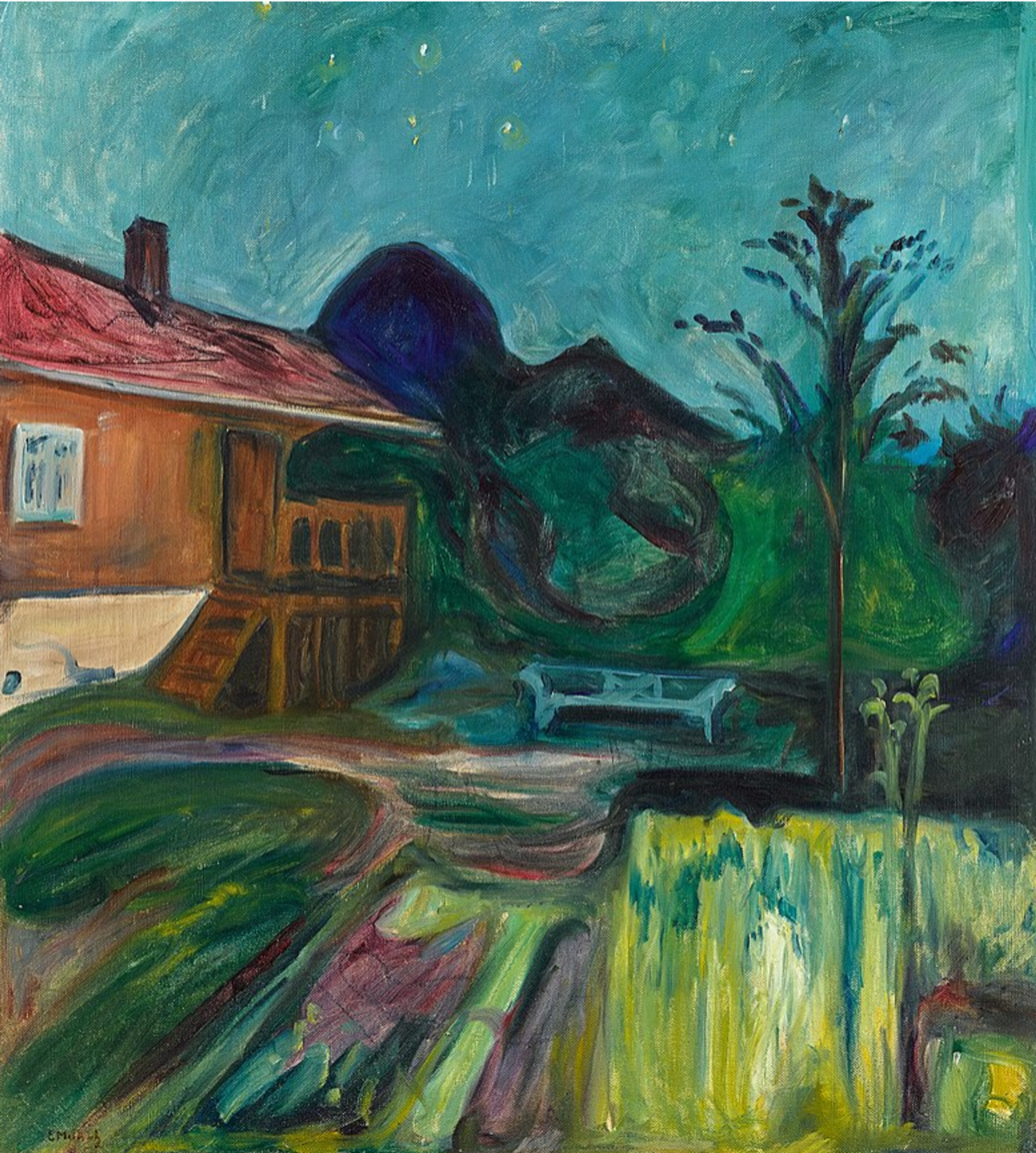 An atmospheric painting of a bright summer Norwegian night featuring a house on the left with a red roof, a path leading into the foreground, and a blue bench surrounded by lush green foliage. The background includes dark hills and a starry blue sky.