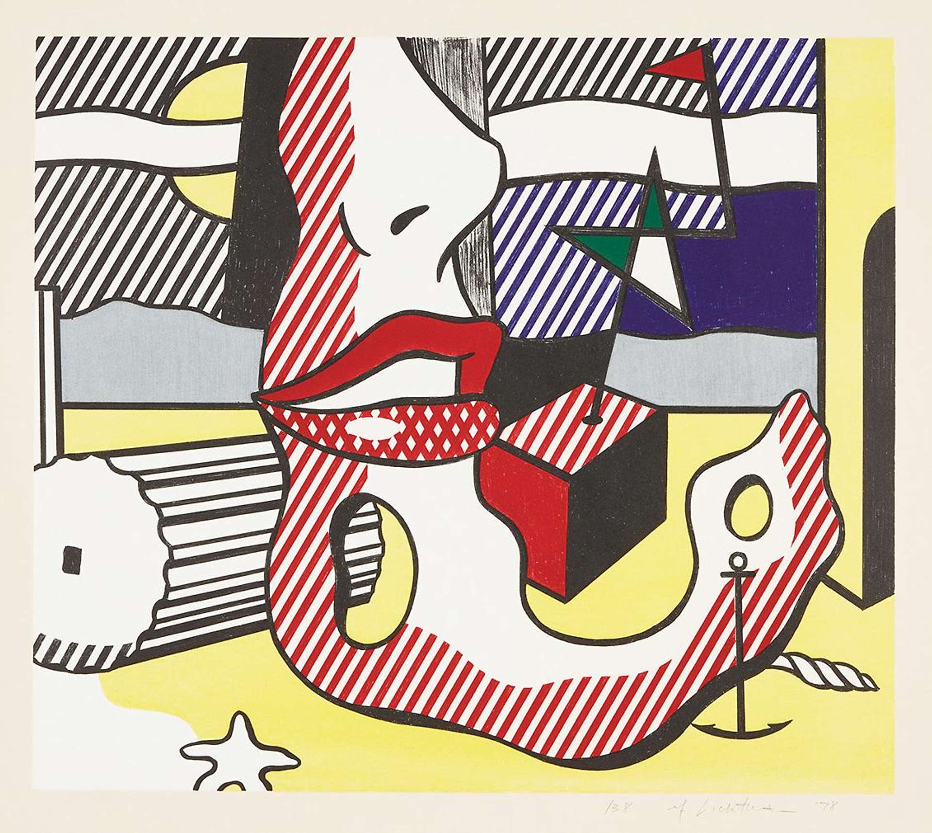 An amorphous main character in the centre with no body. Her face recalls the emotional charge of the artist’s 1960s cartoon heroines. Protruding geometric shapes appear in the background of the work, rendered in yellow, red, black and blue hues.