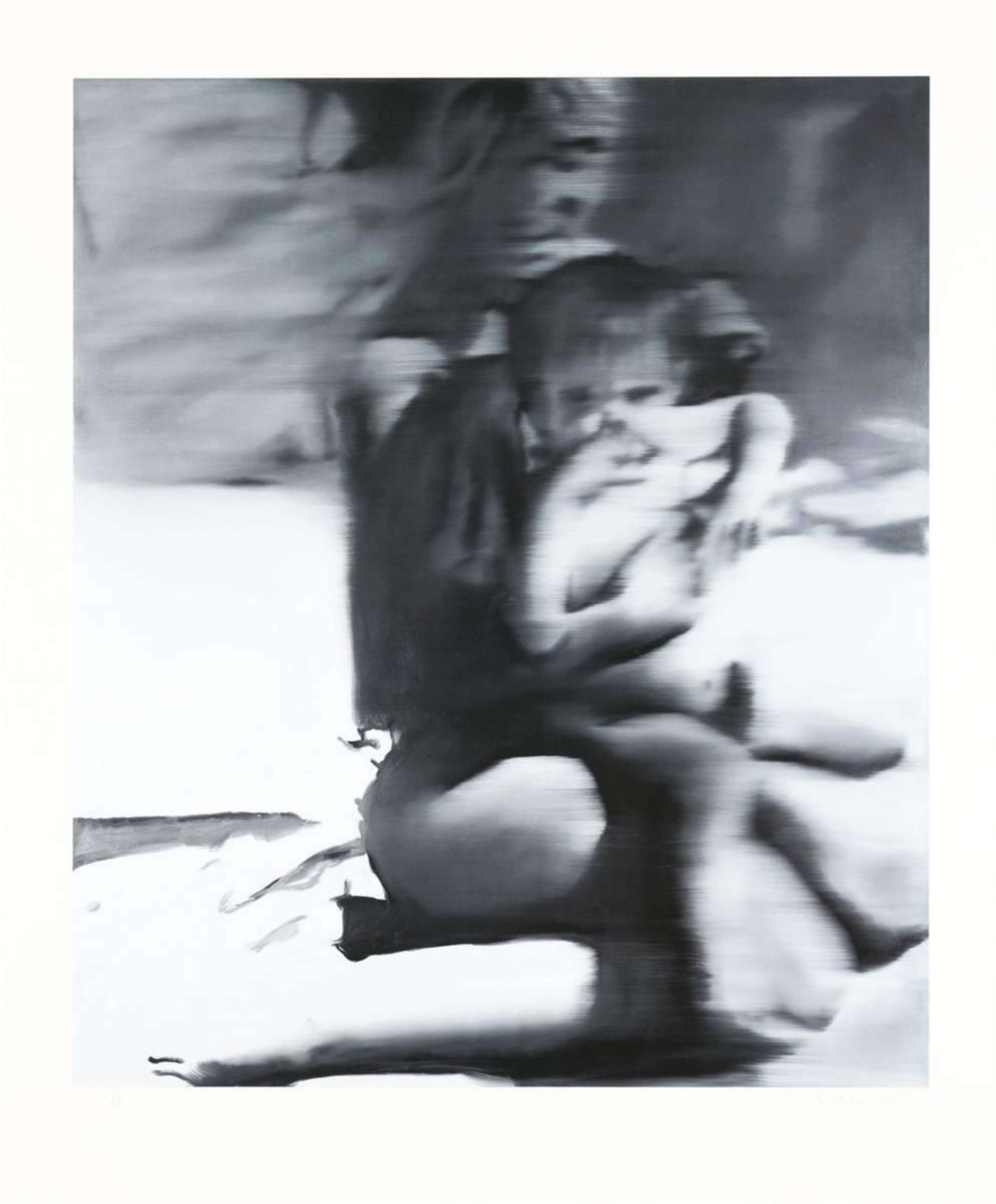 A monochrome lithograph by Gerhard Richter depicting a mother and child. The figures are both blurred and are comprised of horizontal lines.