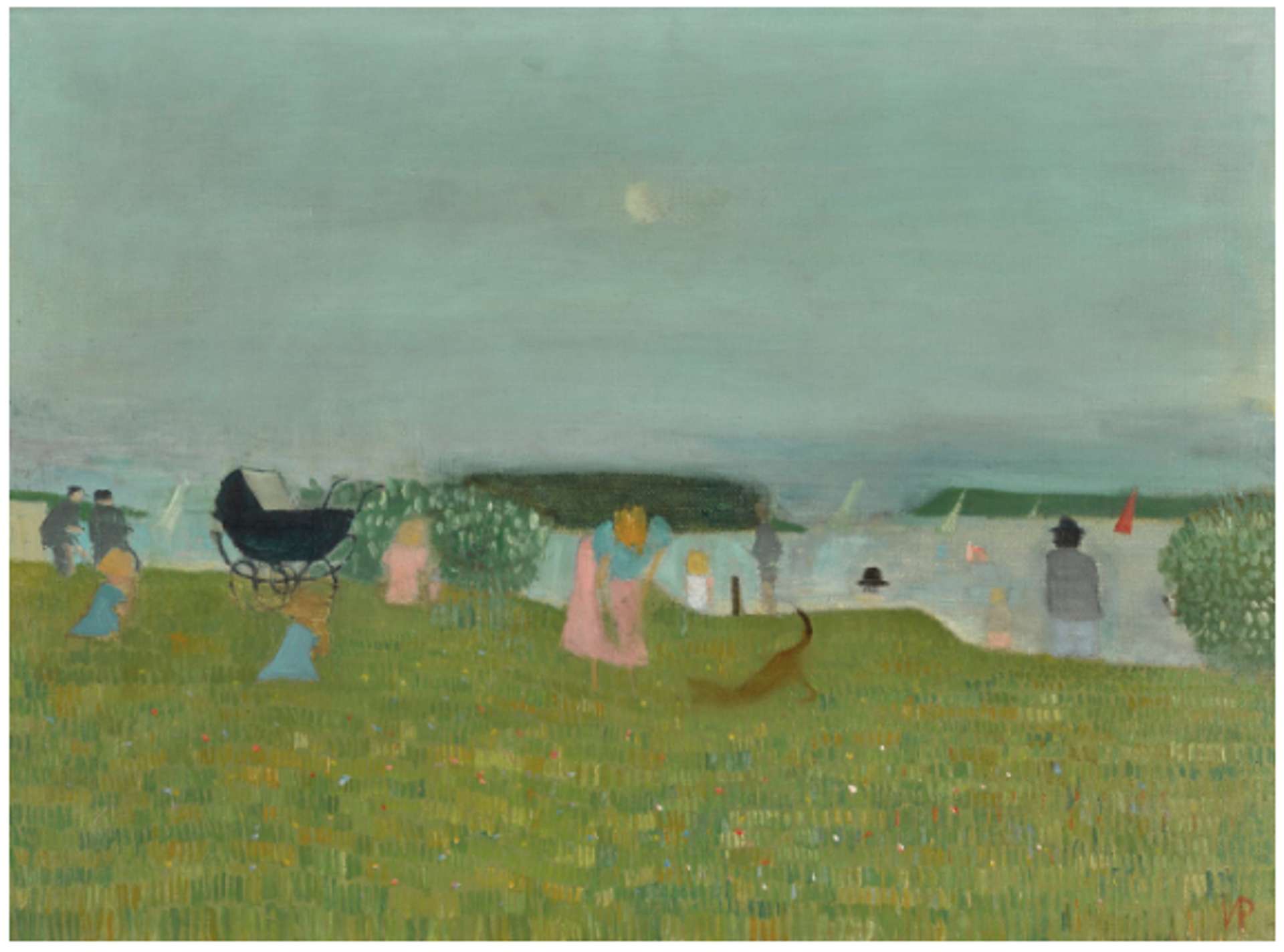 Multiple figures are portrayed in a sprawling green garden, each occupying their own space without any apparent interaction. Positioned towards the left side of the artwork is a black pram, while in the background, a river flows with a peculiar black top hat mysteriously floating upon it. The scene is completed by the distant presence of shadowy mountains in the background.