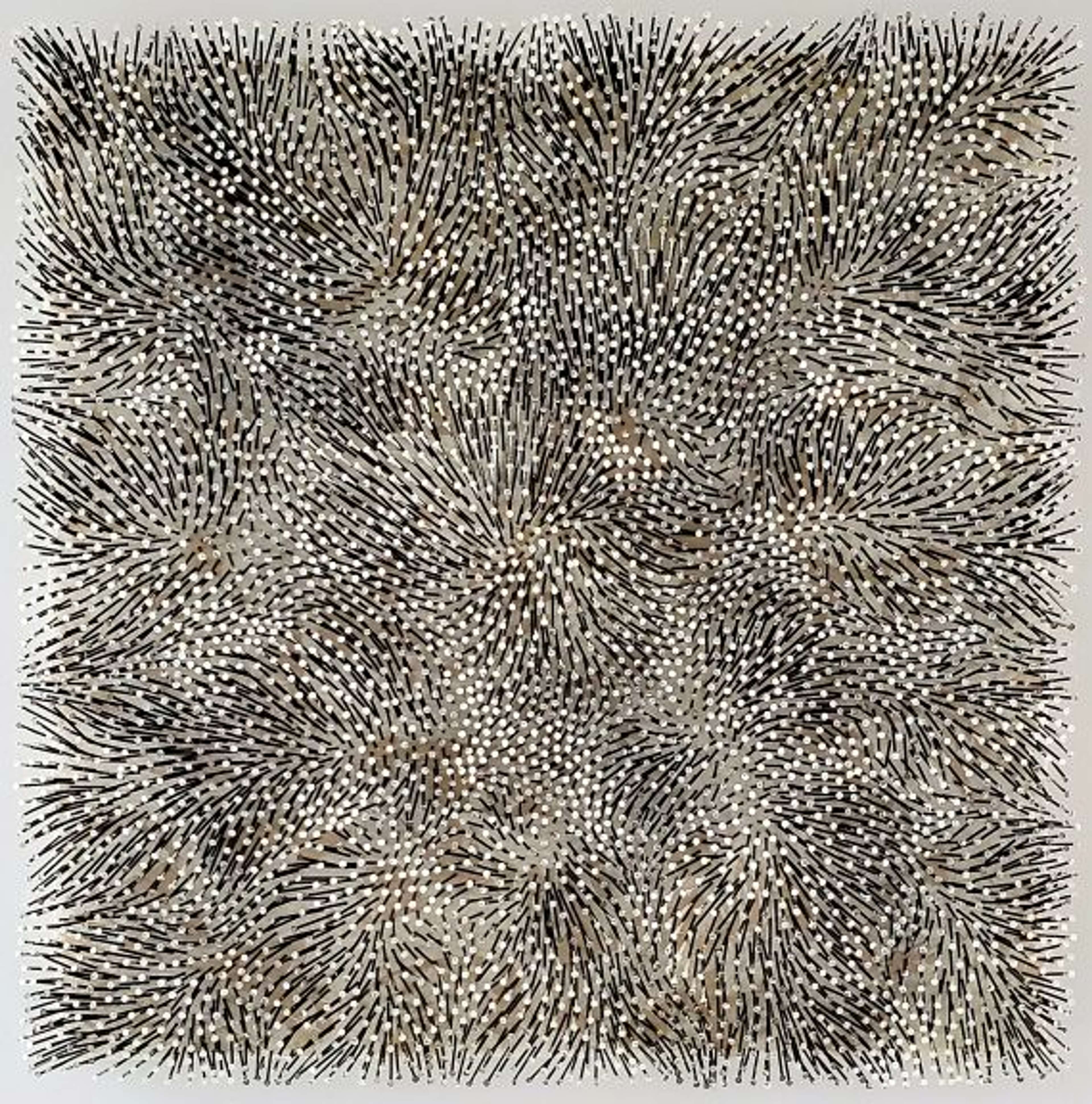Evenly spaced nails, with small sections of visible white canvas between them, creating a highly textured field with a suggestion of flower shapes or a series of swirls or bursts originating at random points. As light moves across the surface, shadows and highlights shift, giving the static object a sense of internal movement.